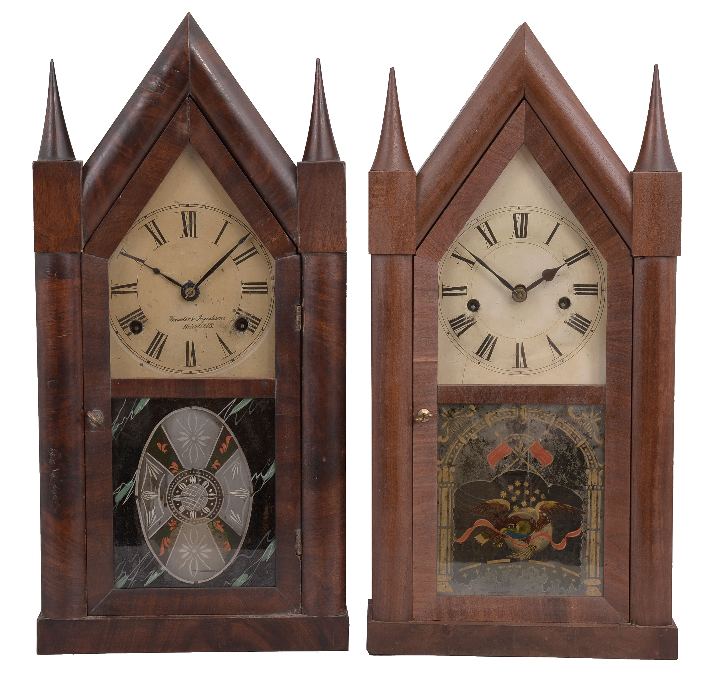 Clocks- 4 (Four) Time and strike, spring driven mantel clocks: (1) Elisha Manross, Bristol, Conn., sharp gothic or steeple clock, 30 hour movement in a mahogany veneer case, c1845; (2) Brewster &amp; Ingrahams, Bristol, Conn., sharp gothic or steeple clock, 8 day movement in a figured hardwood veneer case, c1850; (3) Wm. L. Gilbert, Winsted, Conn., "Champion N" cabinet clock, 8 day movement in an oak case, c1895; (4) Wm. L. Gilbert, Winsted, Conn., "Dacca" cabinet clock, 8 day movement in an ash case, c1885; — Antique Clocks Price Guide