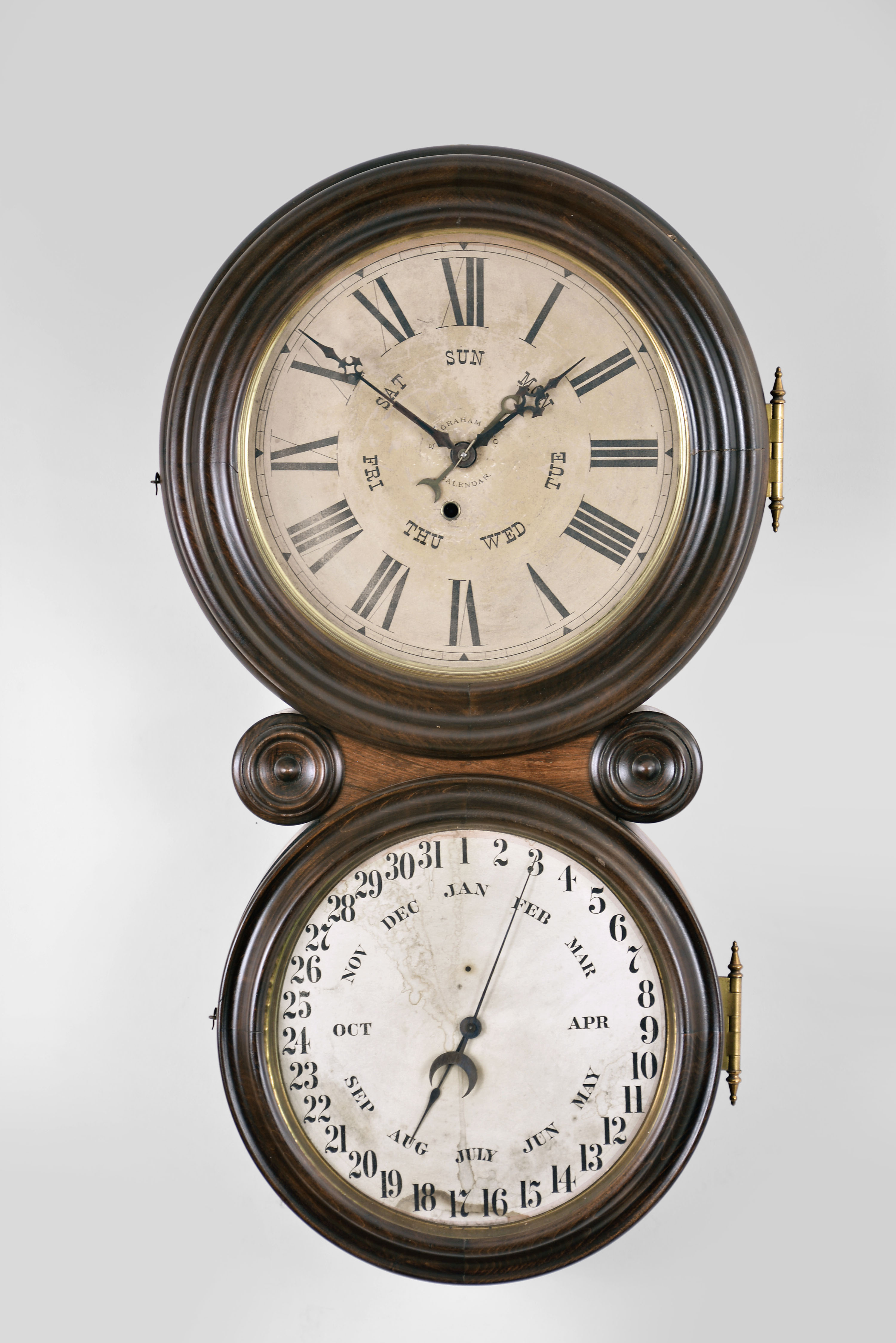 E. Ingraham &amp; Co., Bristol, Conn., "Ionic Calendar", 8 day, spring brass movement double dial calendar timepiece. — Antique Clocks Price Guide