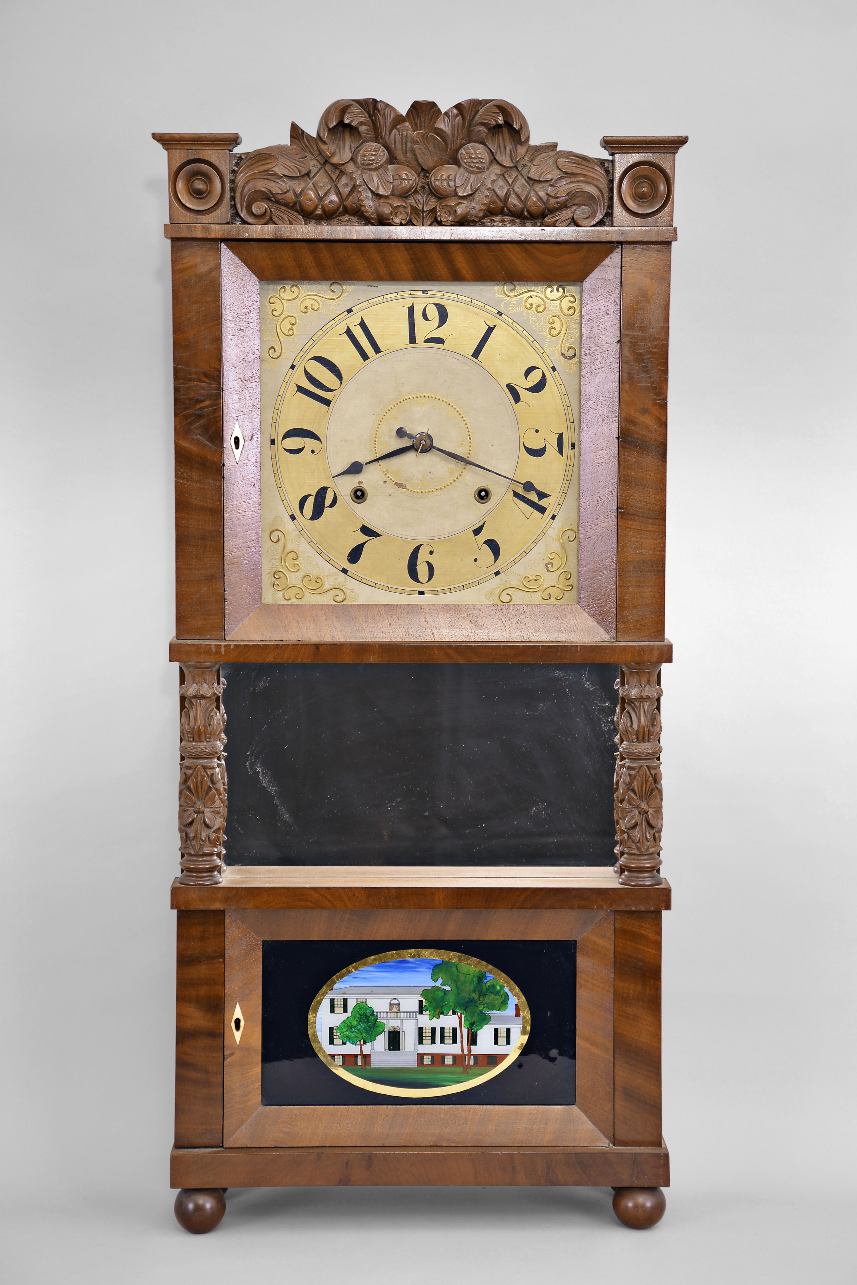 C. &amp; L.C. Ives, Bristol, Conn., 8 day, time and strike weight strap brass movement triple decker shelf clock with carved splat and center columns. — Antique Clocks Price Guide