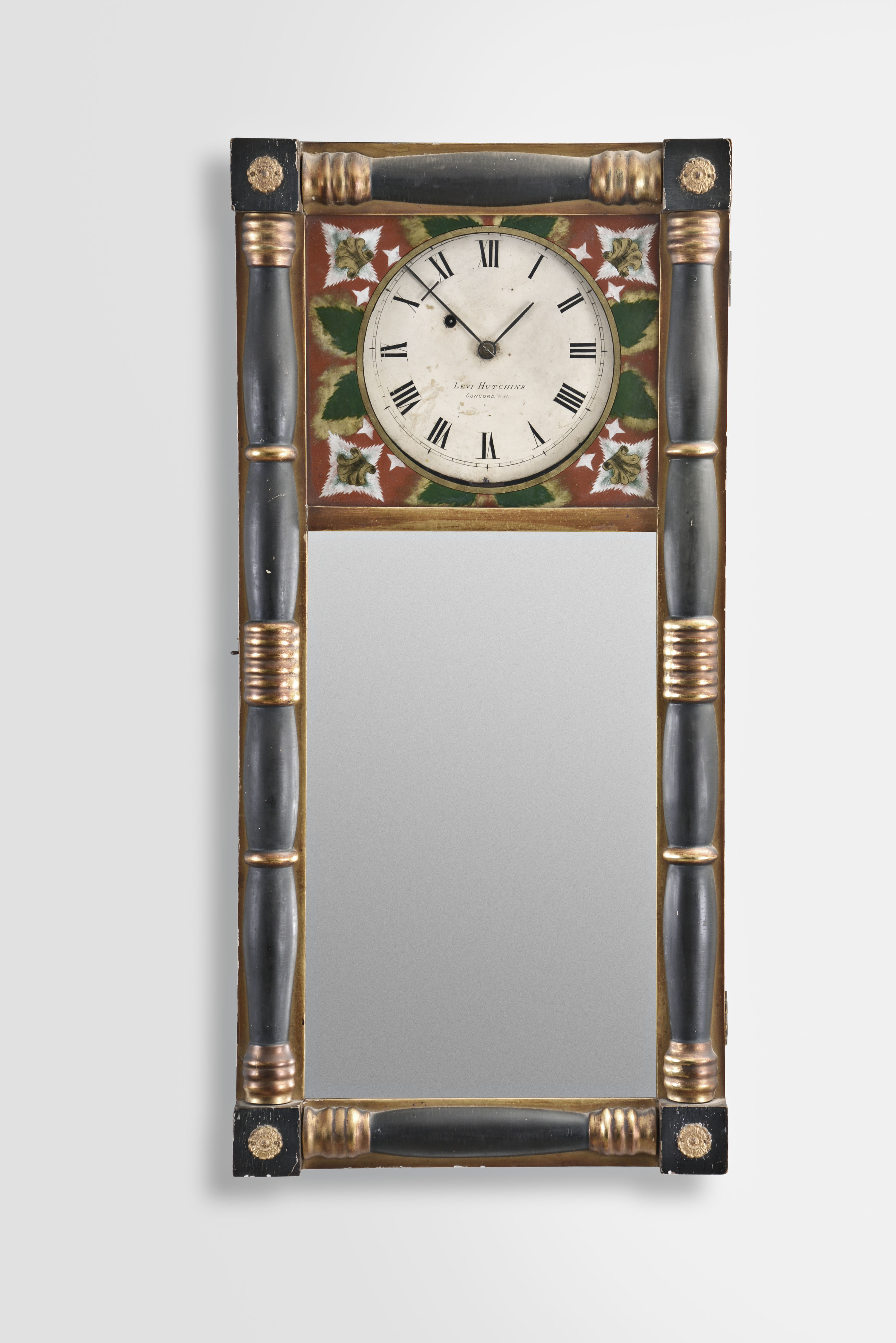 Levi Hutchins, Concord, New Hampshire, 8 day, weight brass movement mirror clock. The movement was made by Joseph Chadwick. — Antique Clocks Price Guide
