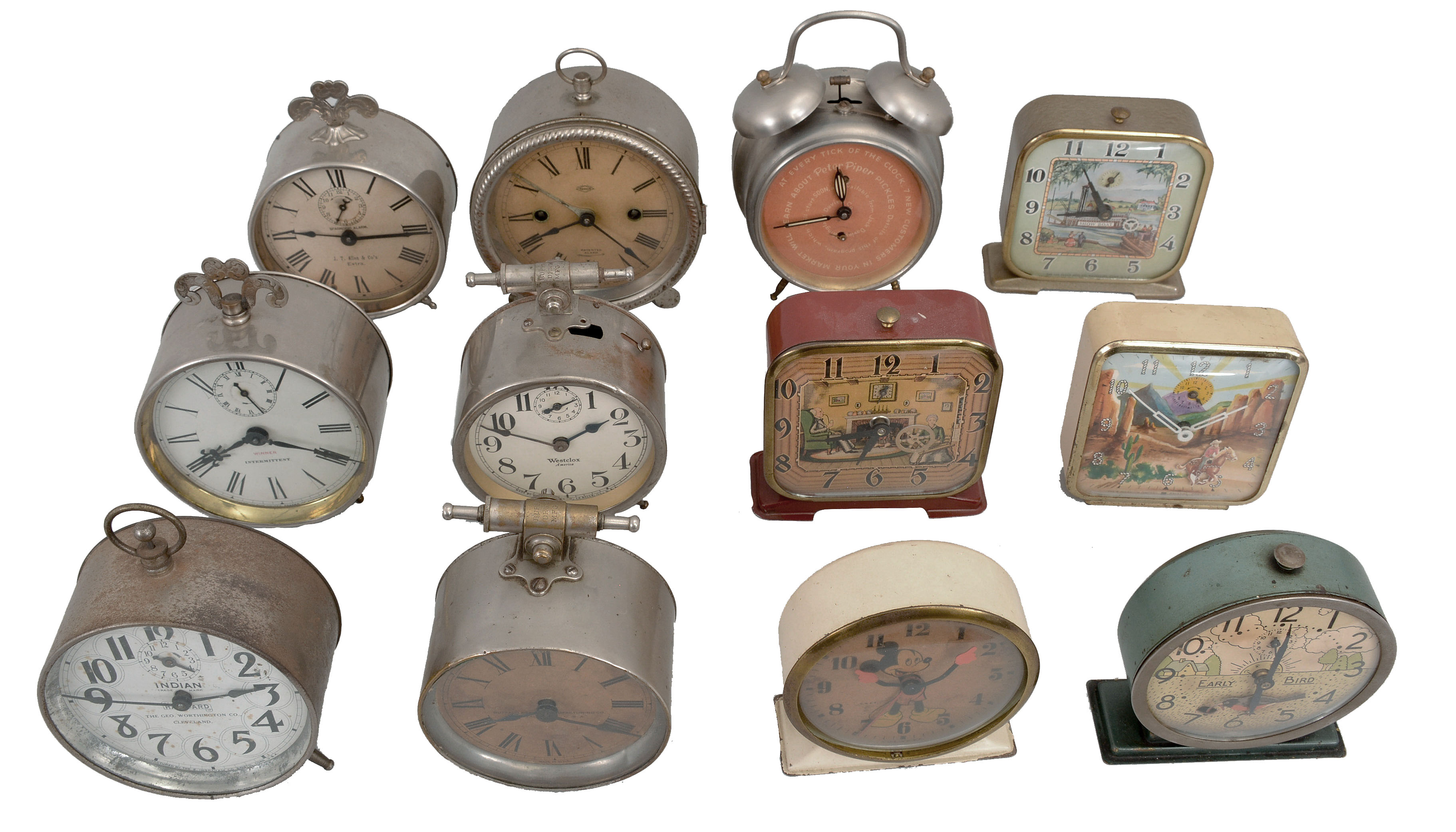 Clocks- 12 (Twelve) Alarm: assortment of antique alarm clocks including several old advertising clocks, two which control gas valves mounted to their tops, a Mickey Mouse clock, and four with simple animated scenes on their dials. — Antique Clocks Price Guide