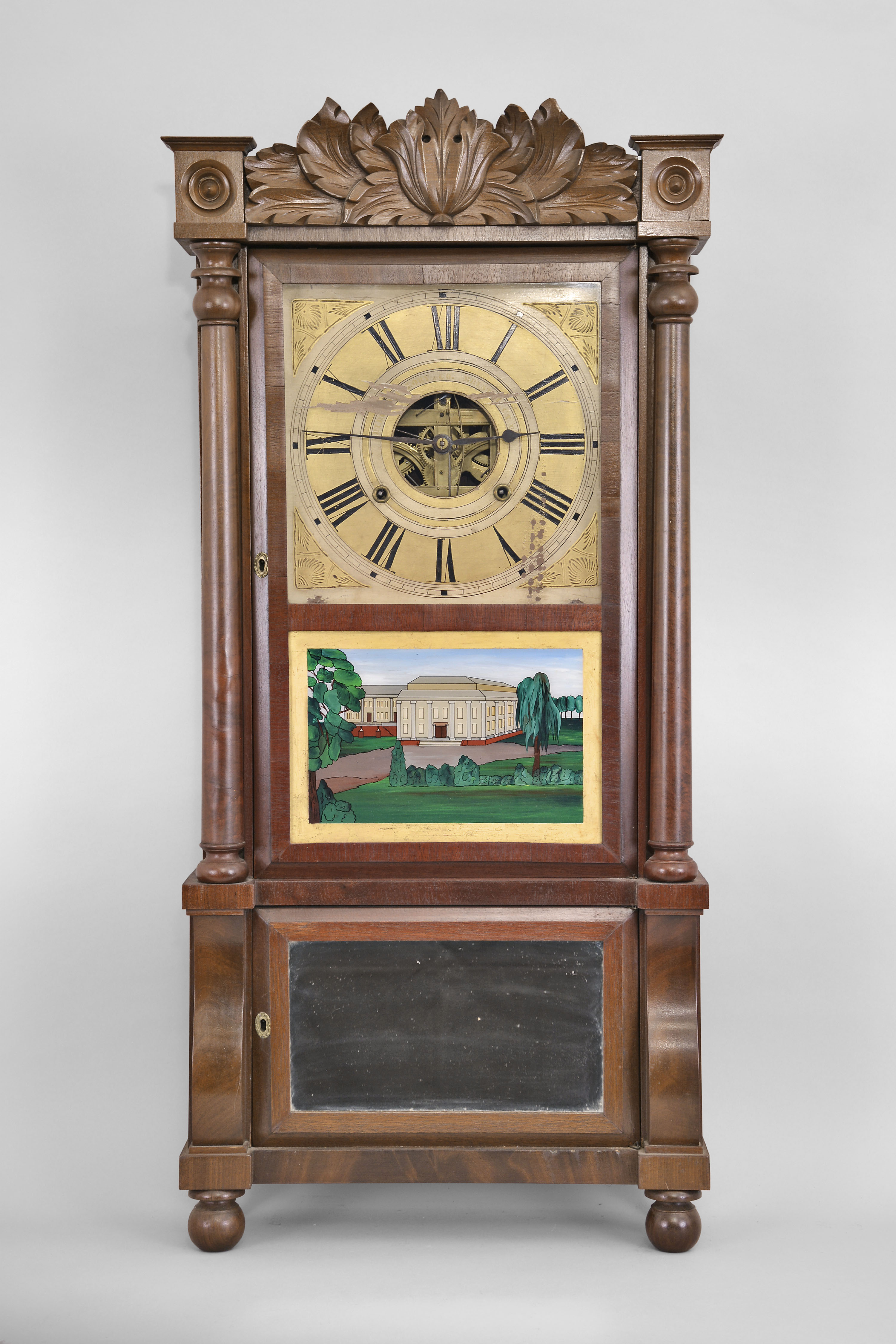 Birge, Mallory &amp; Co., Bristol, Conn., 8 day, time and strike weight brass movement double decker shelf clock with carved splat. — Antique Clocks Price Guide
