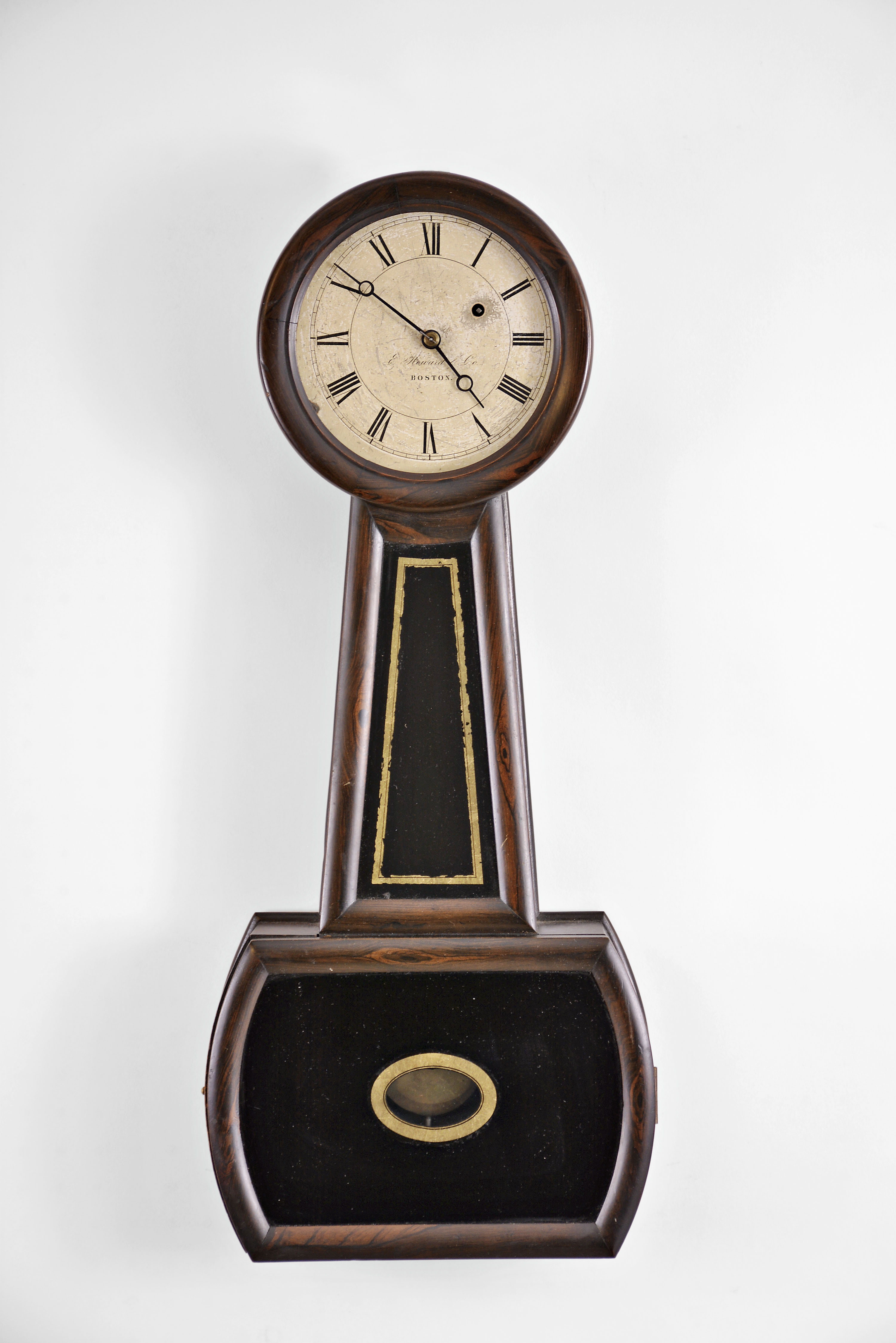 E. Howard &amp; Co., Boston, Mass., "Regulator No. 4", Banjo, 8 day, weight brass movement rosewood grained case wall timepiece. Case is stamped "25 ". — Antique Clocks Price Guide