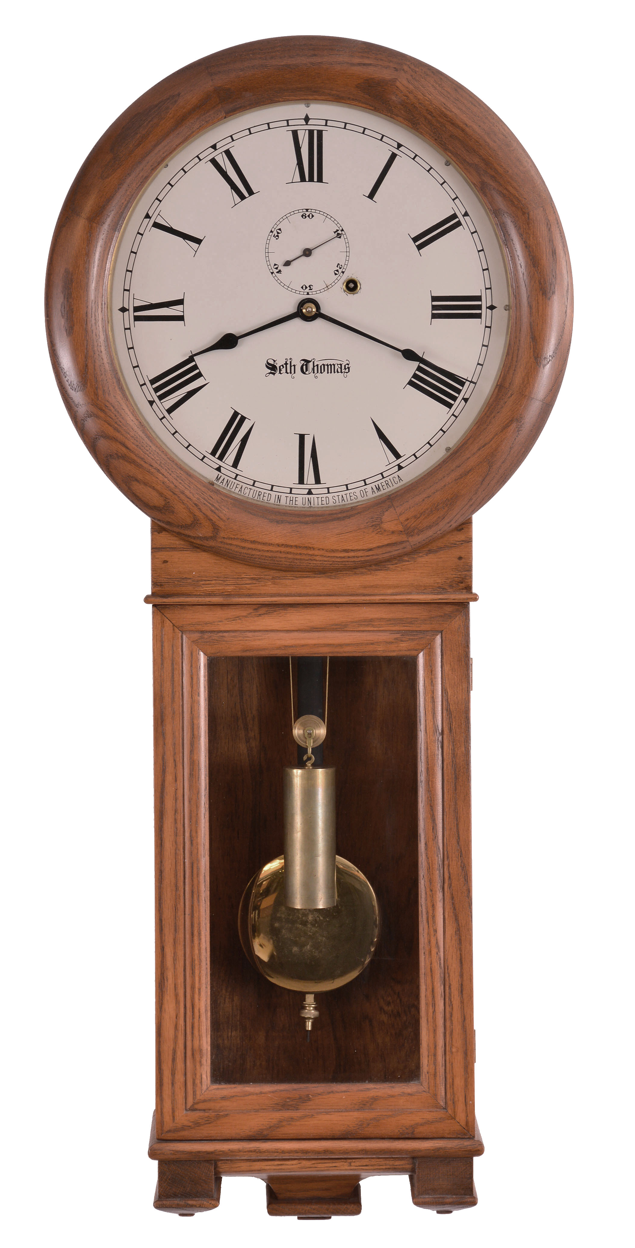 Clocks- 2 (Two): (1) Reproduction of a Seth Thomas, "Regulator No. 2", 8 day, weight brass movement wall timepiece. c1980 (2) Sessions Clock Co., Forestville, Conn. "Regulator "E", 8 day, spring brass movement wall timepiece. c1908 — Antique Clocks Price Guide