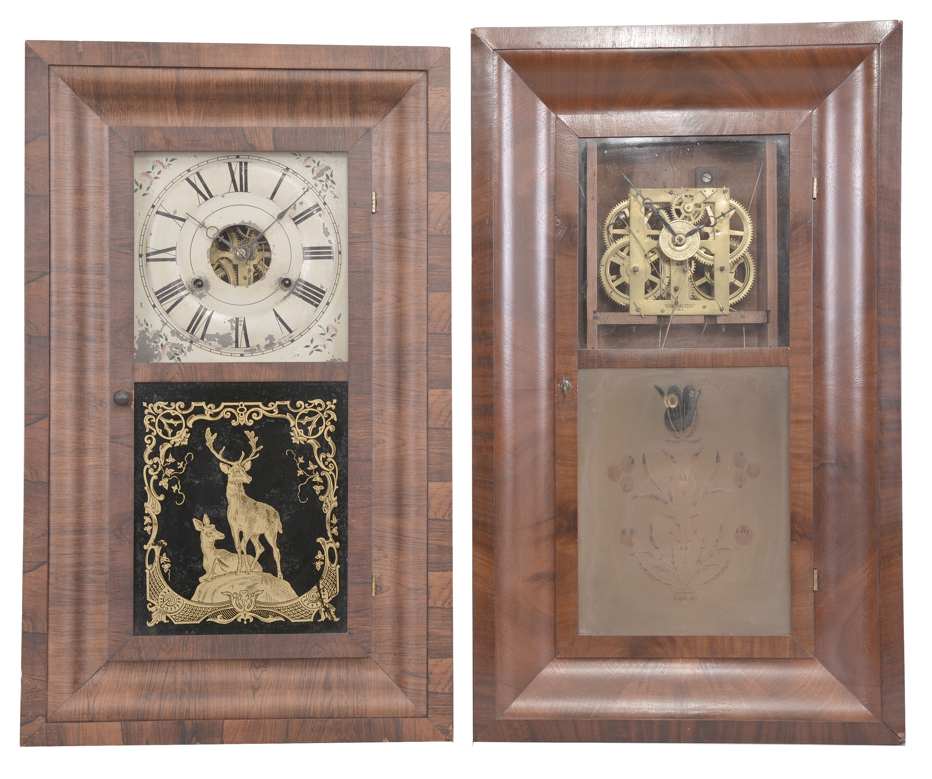 Clocks- 4 (Four) :(1) Scarce C. Jerome &amp; Co., Richmond, Virginia, 30 hour, time and strike weight wood movement half column &amp; splat shelf clock. c1835 (2) Scarce C. Jerome, &amp; Co., Richmond, Virginia, 30 hour, time and rack &amp; snail striking weight brass movement double decker shelf clock with carved eagle splat. c1835 (3) Seth Thomas, Thomaston, Conn., 30 hour, time and strike weight brass movement OG shelf clock. c1875 (4) Chauncey Jerome, New Haven, Conn., 30 hour, time, strike and alarm weight brass movement OG shelf clock. c1845. — Antique Clocks Price Guide