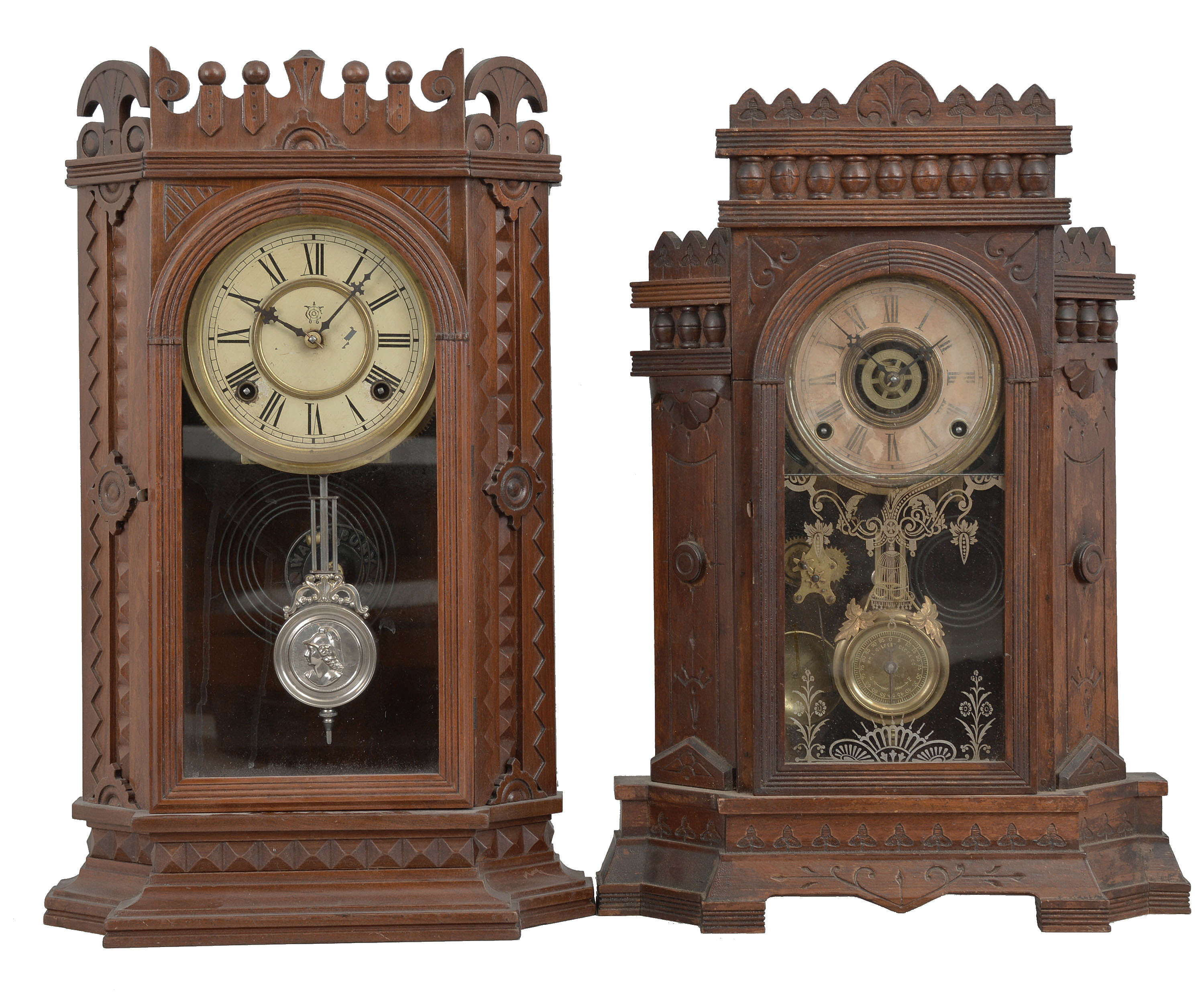 Clocks- 2 (Two): (1) Waterbury Clock Co., Waterbury, Conn., "Granville" mantel clock, 8 day, time and strike, spring driven movement in a walnut case, c1886; (2) Wm. L. Gilbert, Winsted, Conn., "Altai" mantel clock, 8 day, time and strike with alarm, spring driven movement in a walnut case, c1885; — Antique Clocks Price Guide