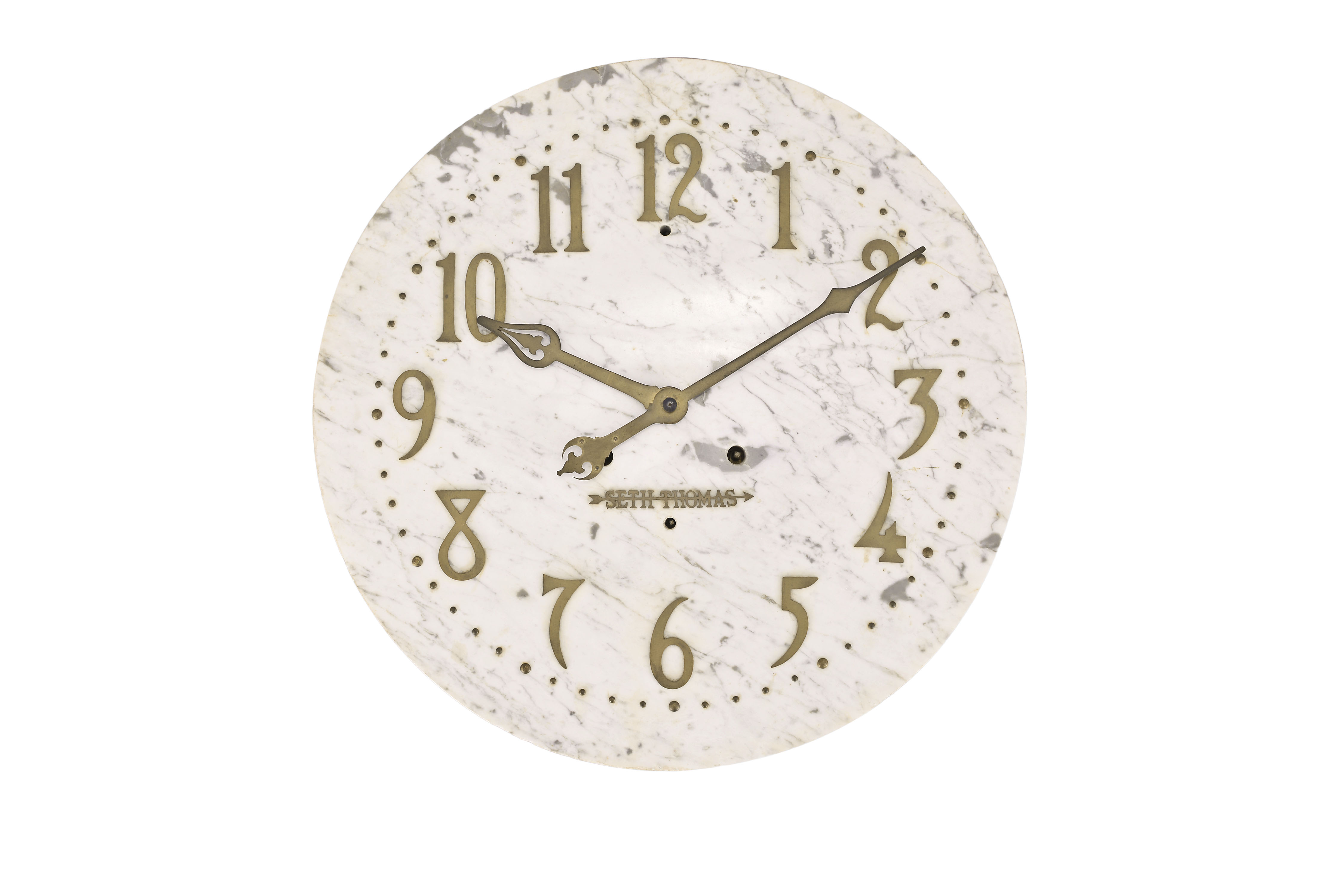 Seth Thomas Clock Co., Thomaston, Conn., "Marble No. 1" 20 inch gallery clock with a spring driven 30 day time only movement (86-AB) with Graham dead-beat escapement with Arabic numerals on marble dial and bronze finished hands. — Antique Clocks Price Guide