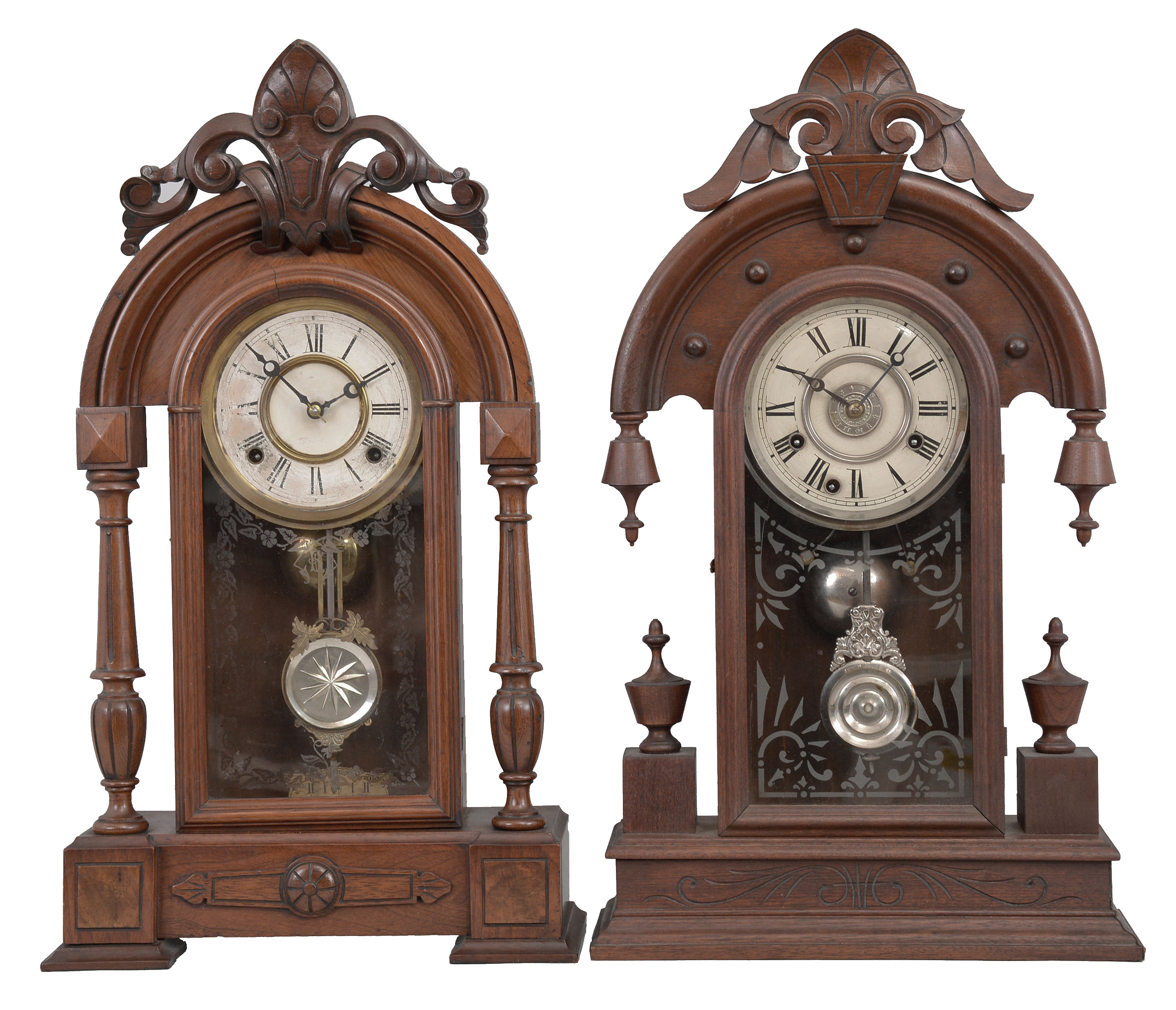 Clocks- 2 (Two): (1) F. Kroeber &amp; Co., New York, N.Y., "Polaris" parlor clock, 8 day, time and strike, spring driven movement in a walnut case, c1880; (2) New Haven Clock Co., New Haven, Conn., "Elbe" parlor clock, 8 day, time and strike with alarm, spring driven movement in a walnut case, c1880. — Antique Clocks Price Guide