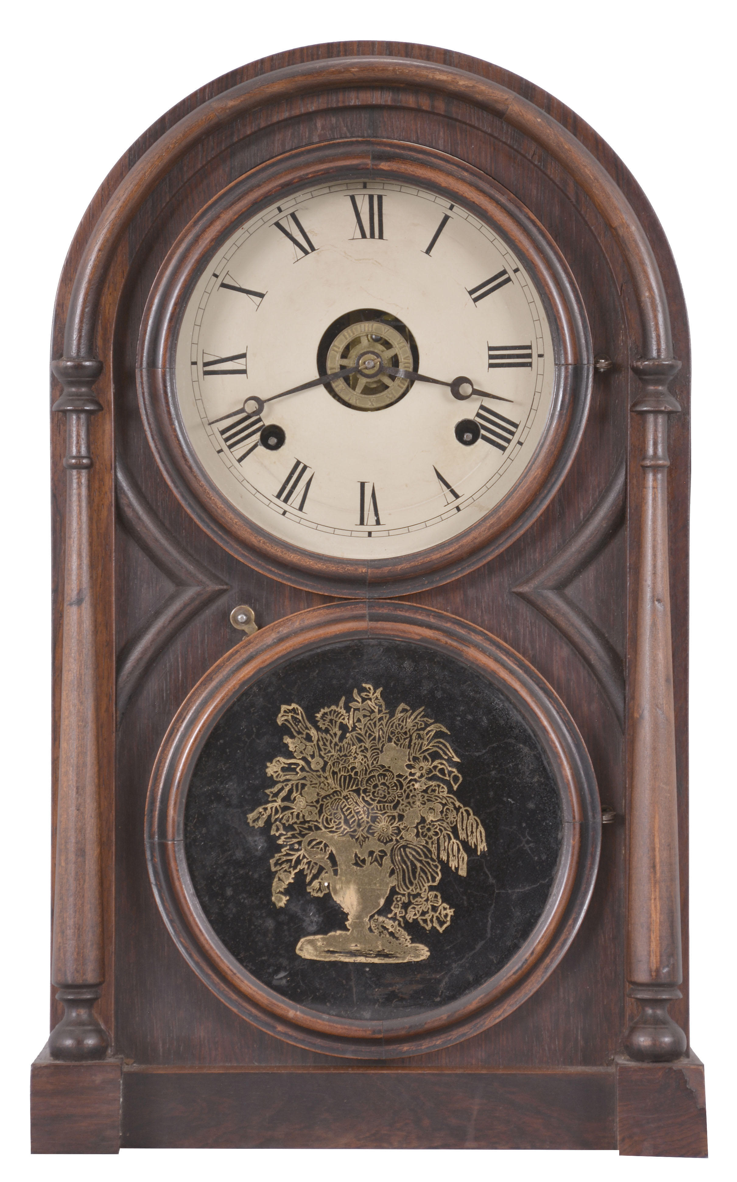 Clocks- 2 (Two): (1) Massachusetts Banjo clock in a mahogany case (no movement). c1820; (2) Atkins Clock Co., Bristol, Conn., "Round Top #1" shelf clock with a spring driven 8 day time, strike and alarm movement in a rosewood case. c1873. — Antique Clocks Price Guide