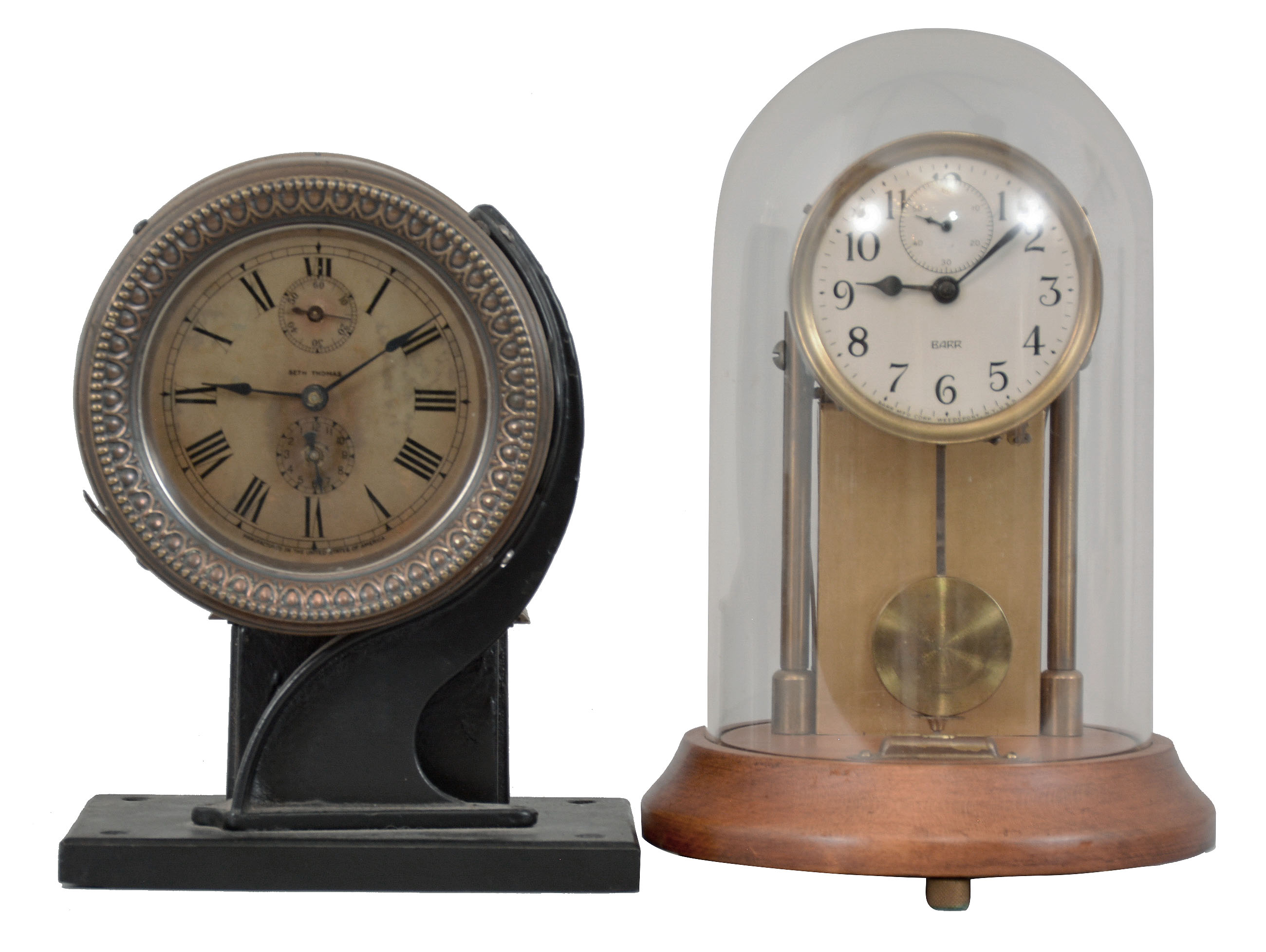 Clocks- 2 (Two): (1) Manhattan Electrical Supply Co., New York, time switch, time and electrical switching function using a Seth Thomas clock similar to the "Long Alarm" model, c1915; (2) Barr Mfg. Corp., Weedsport, NY, electric electrically impulsed clock with battery power, c1938. — Antique Clocks Price Guide