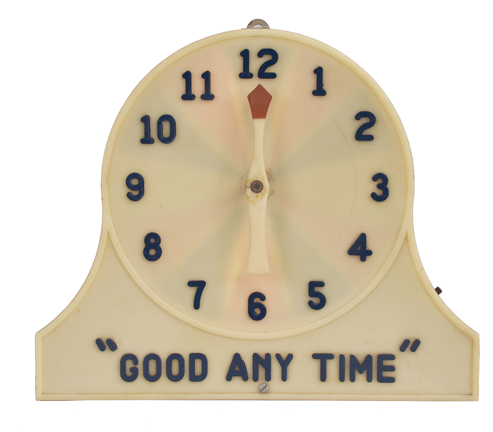 Clocks- 8 (Eight) Advertising: small advertising clocks by Ansonia, Sessions, New Haven, and Waterbury advertising Camel Brand Belting, Fleischmann's Yeast, Loewi Hops, Old Somerset Club Whiskey, and Anderson, Clayton &amp; Co. Cotton. Also included is a internally illuminated electric advertising display in the form of a clock reading "Good Any Time ". — Antique Clocks Price Guide