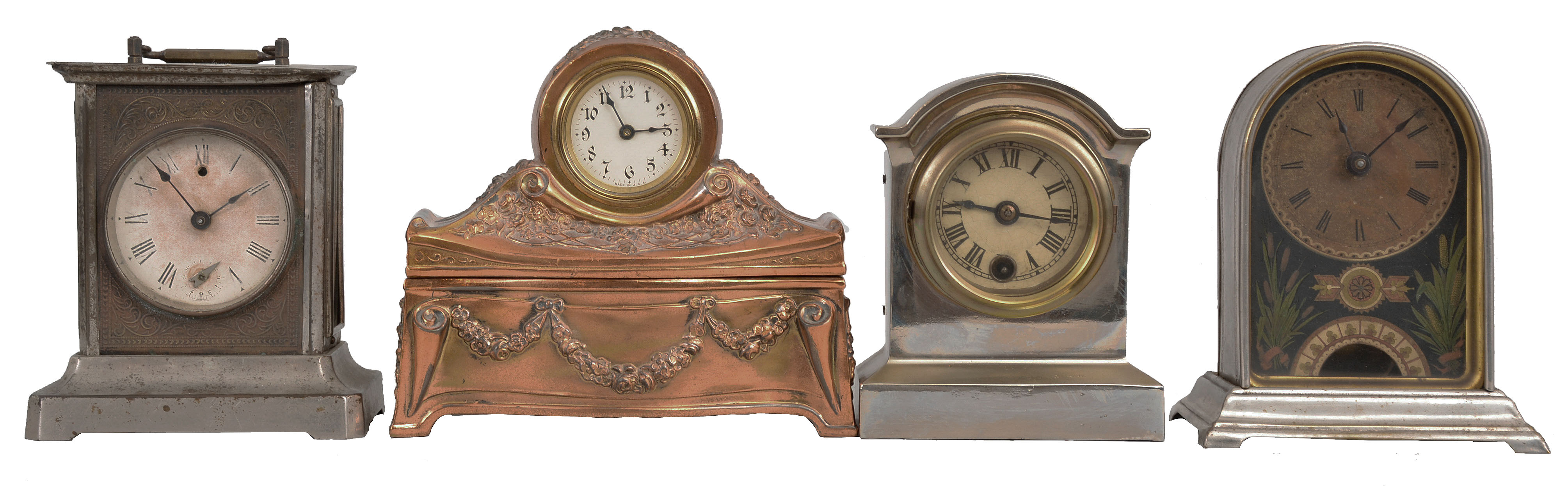 Clock- 10 (Ten) novelty: a variety of small clocks in metal cases by Waterbury, New Haven, and others. Clocks include a jewelry box clock, a New Haven "Arch Top Wee-Wag", and a clock displaying multiple time zones which commemorates the Merchant Marine Act of 1928. — Antique Clocks Price Guide