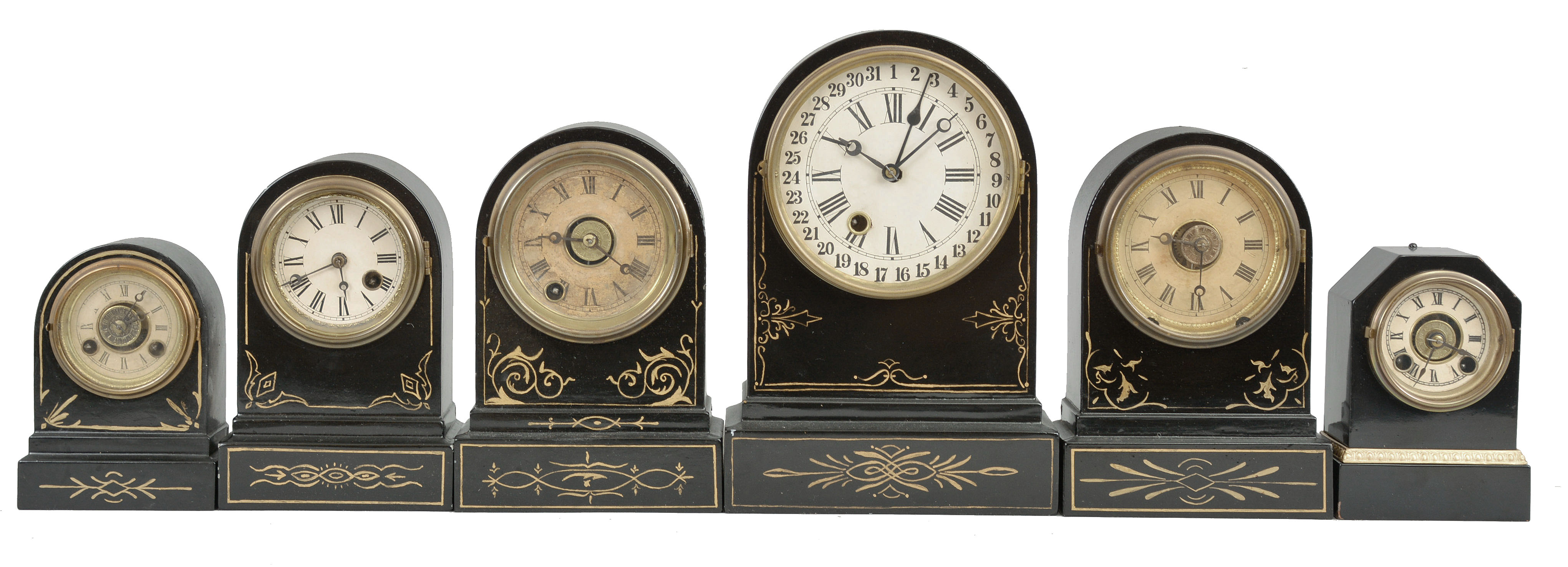 Clocks- 6 (Six) Iron case: Terry Clock Co., Waterbury, Conn., small iron case clocks, 8 day and 30 hour, spring driven movements, 3 time and strike, 4 with alarms, plus a scarce one with a simple calendar. — Antique Clocks Price Guide