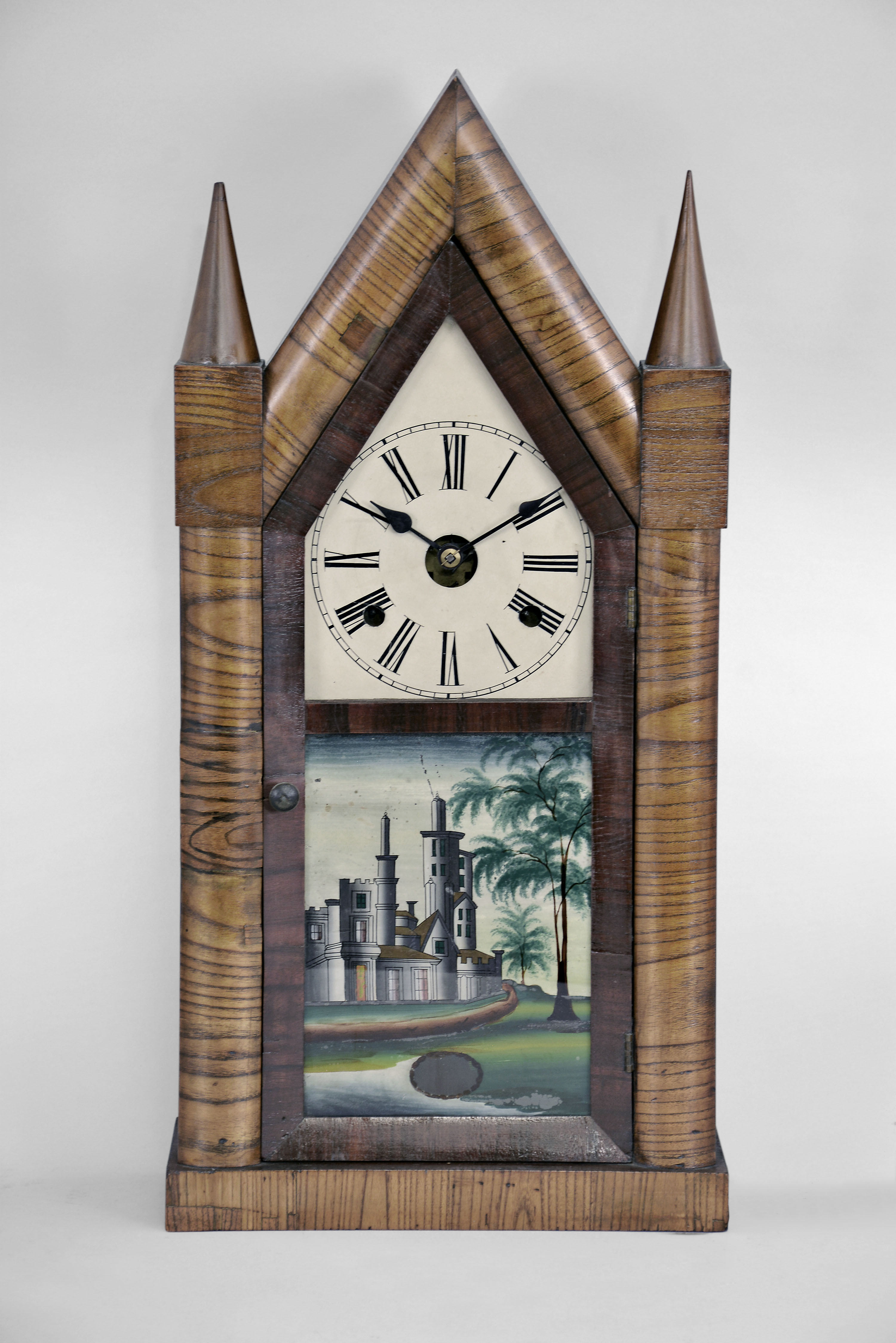 Chauncey Jerome, New Haven, Conn., scarce 30 hour time and strike spring brass fusee movement oversize sharp gothic or steeple clock. — Antique Clocks Price Guide