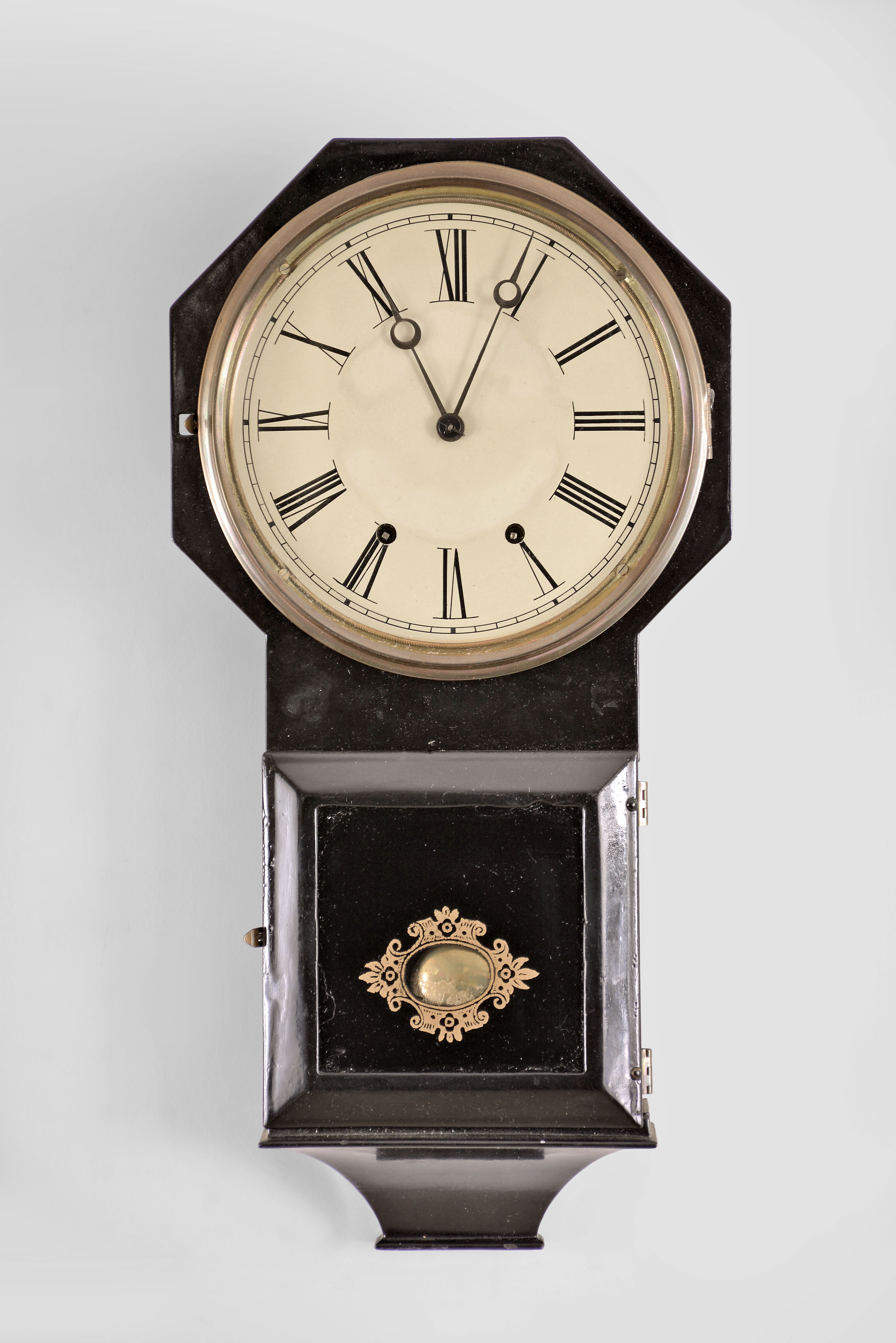 Terry Clock Co., Waterbury, Conn., "Octagon Top Drop", 8 day, time and strike, brass spring movement wall clock — Antique Clocks Price Guide