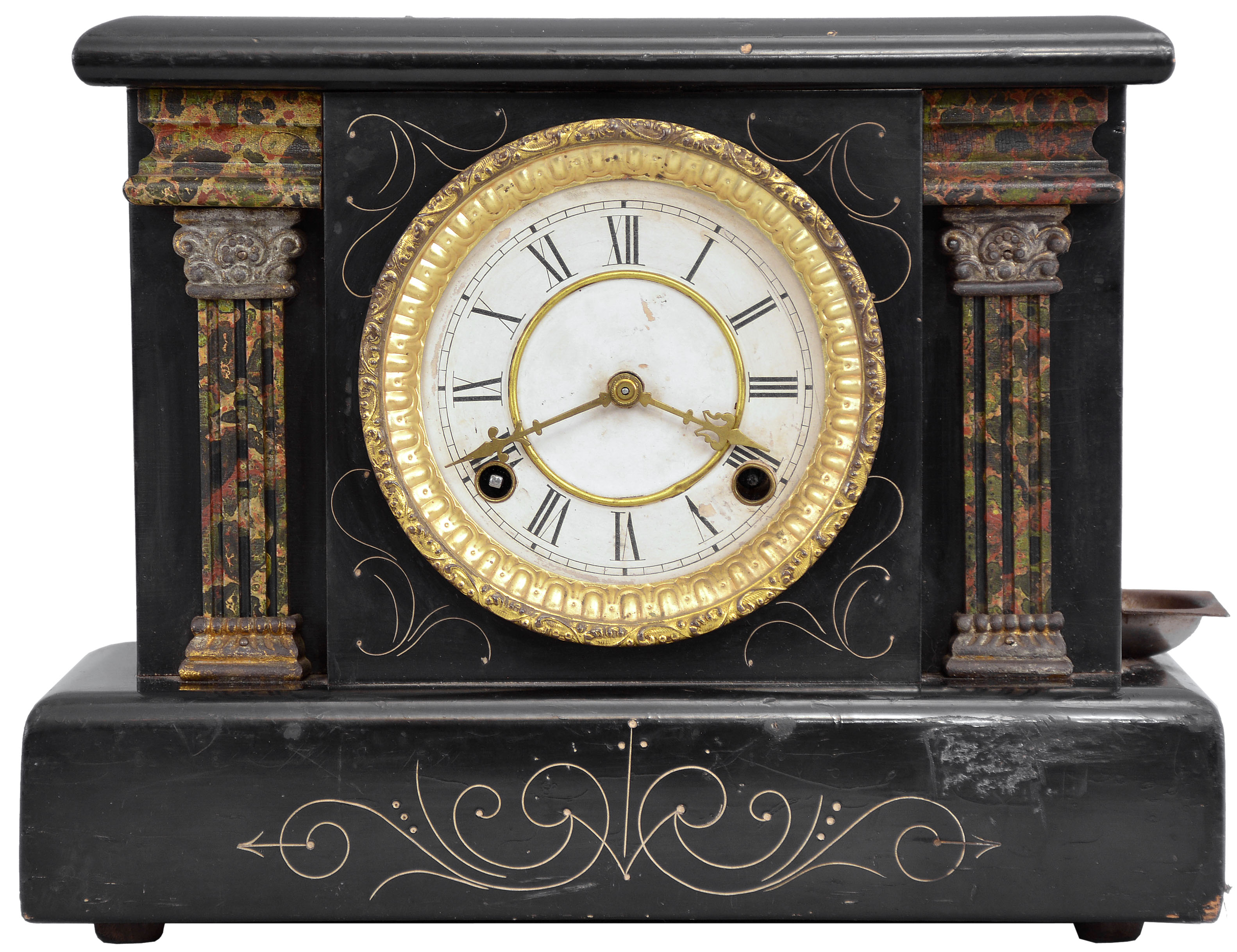 Progressive Mfg. Pana, Ill, "Wizard" 8 day, time and strike spring brass lever movement black mantel clock and trade stimulator. The "Dixon" model clock was supplied by the Waterbury Clock Co.. The clock has a coin slot at the top. When a nickel was deposited, it triggered the strike train of the clock which drives a token dispensing system. A modified countwheel will dispense one, two, and on rare occasion, three tokens in the tray mounted to the side of the clock. Tokens were then exchanged for small items at the retail location. Five coins are included. — Antique Clocks Price Guide