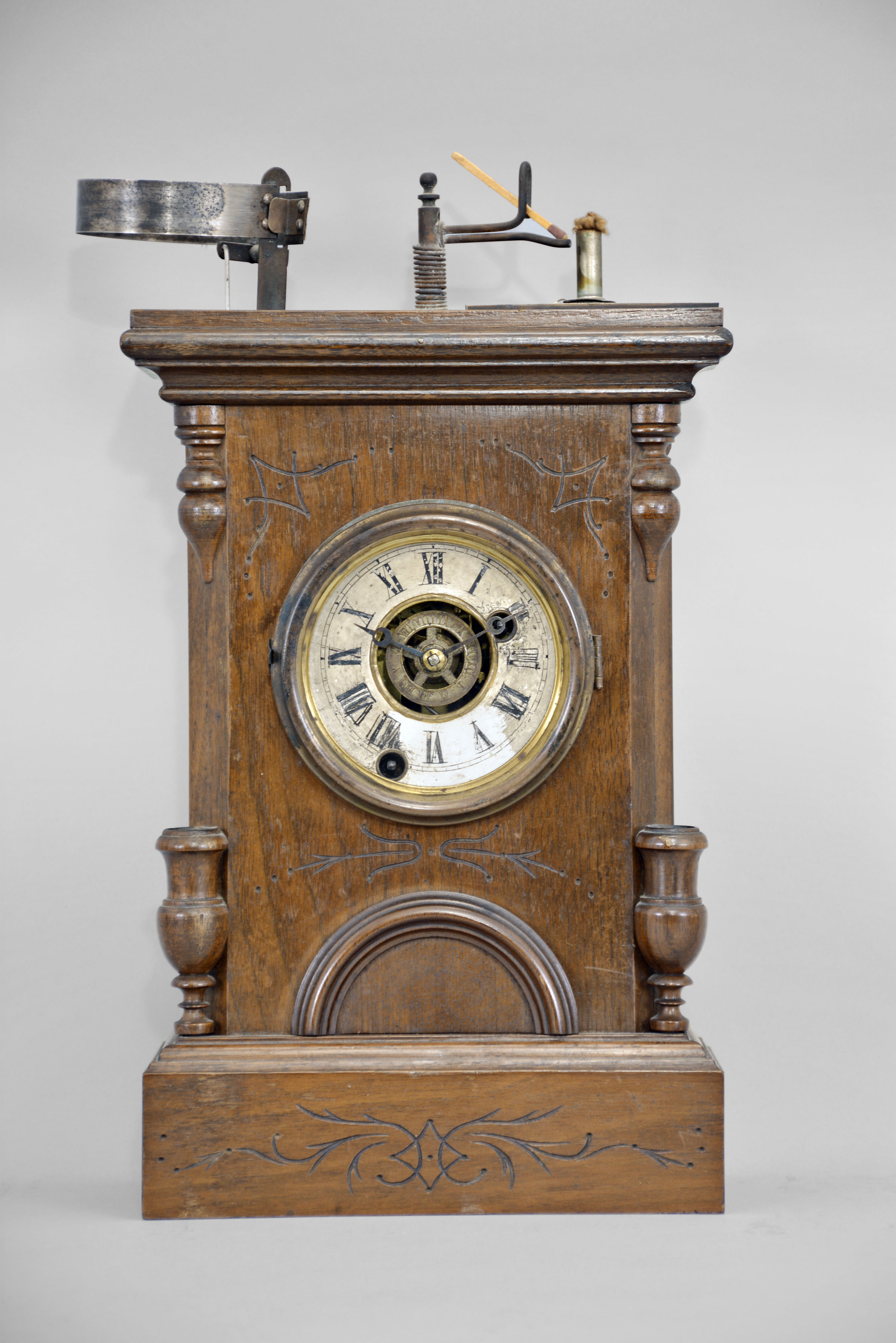 Ansonia Brass &amp; Copper Co., Ansonia, Conn., 30 hour, time and alarm spring brass movement Davies Patent Matchstick Illuminated Alarm novelty shelf clock. The clock case and movement were made Ansonia and Henry J. Davies made the illumination part of the clock. A rare clock to find, particularly complete. — Antique Clocks Price Guide