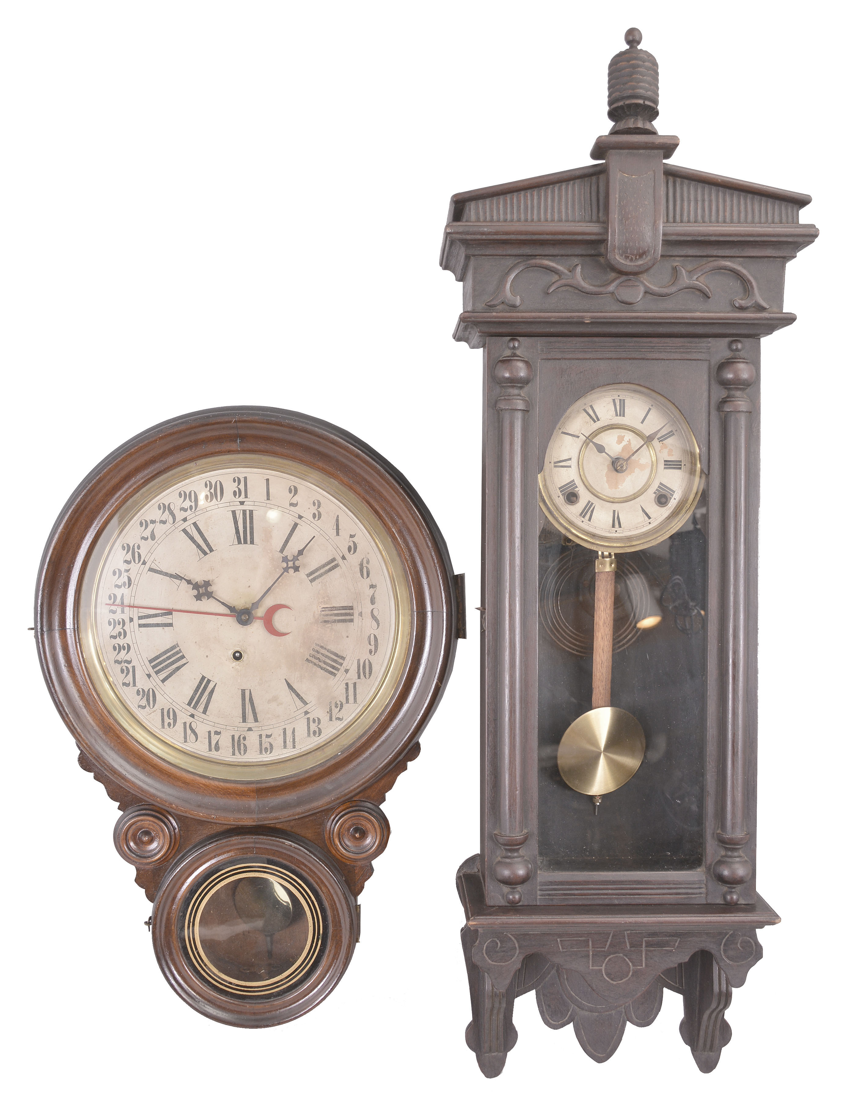 Clocks- 2 (Two) Wall: (1) E. Ingraham Clock Co., Bristol, Conn., "Meridian" hanging clock, 8 day, time and simple calendar, spring driven movement in a wood case with paper dial, c1900; (2) Japan, copy of Waterbury "Halifax" wall clock, 8 day, time and strike, spring driven movement in a stained hardwood case, c1900. . — Antique Clocks Price Guide