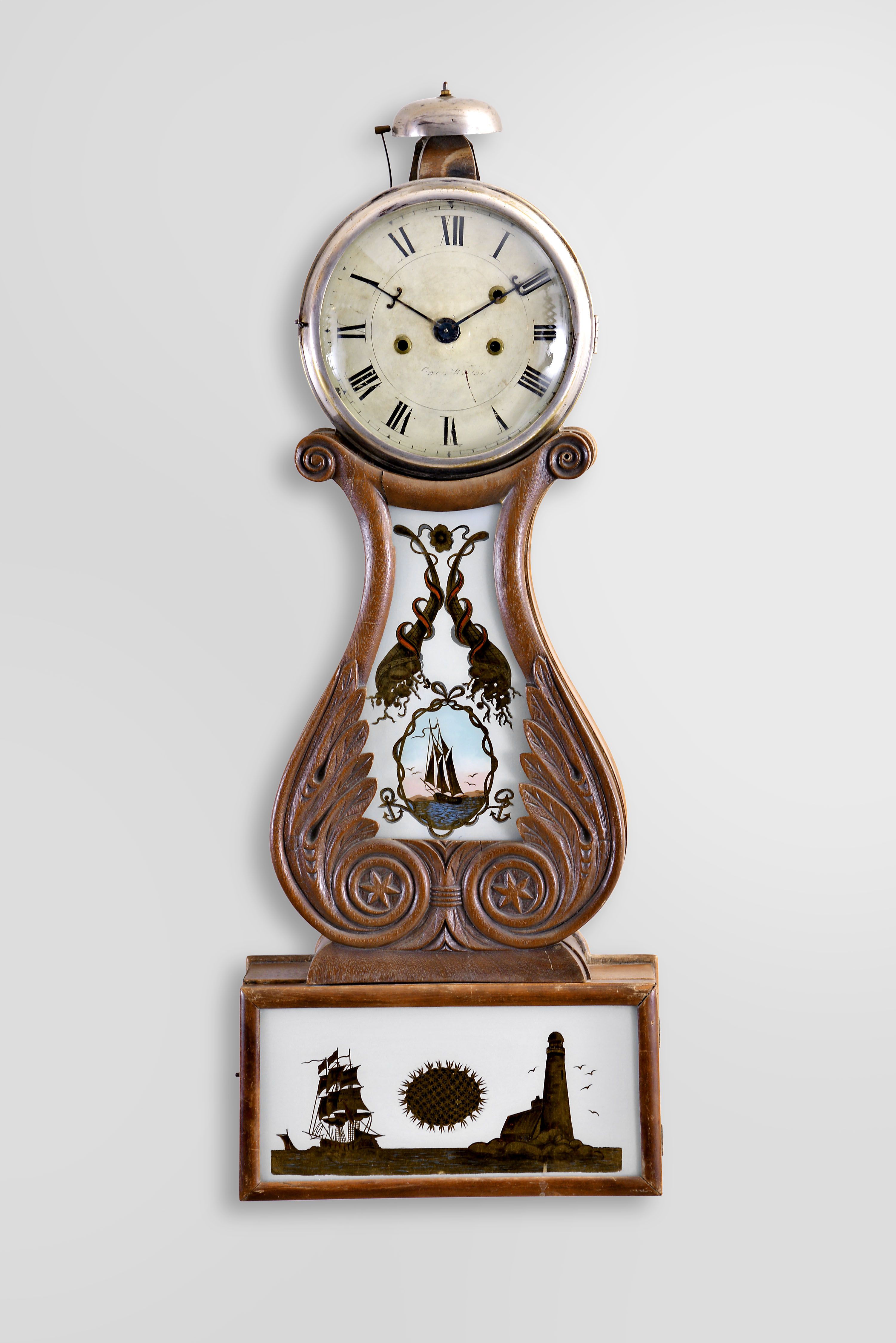 Lyre banjo, period elements, time, strike and alarm, — Antique Clocks Price Guide