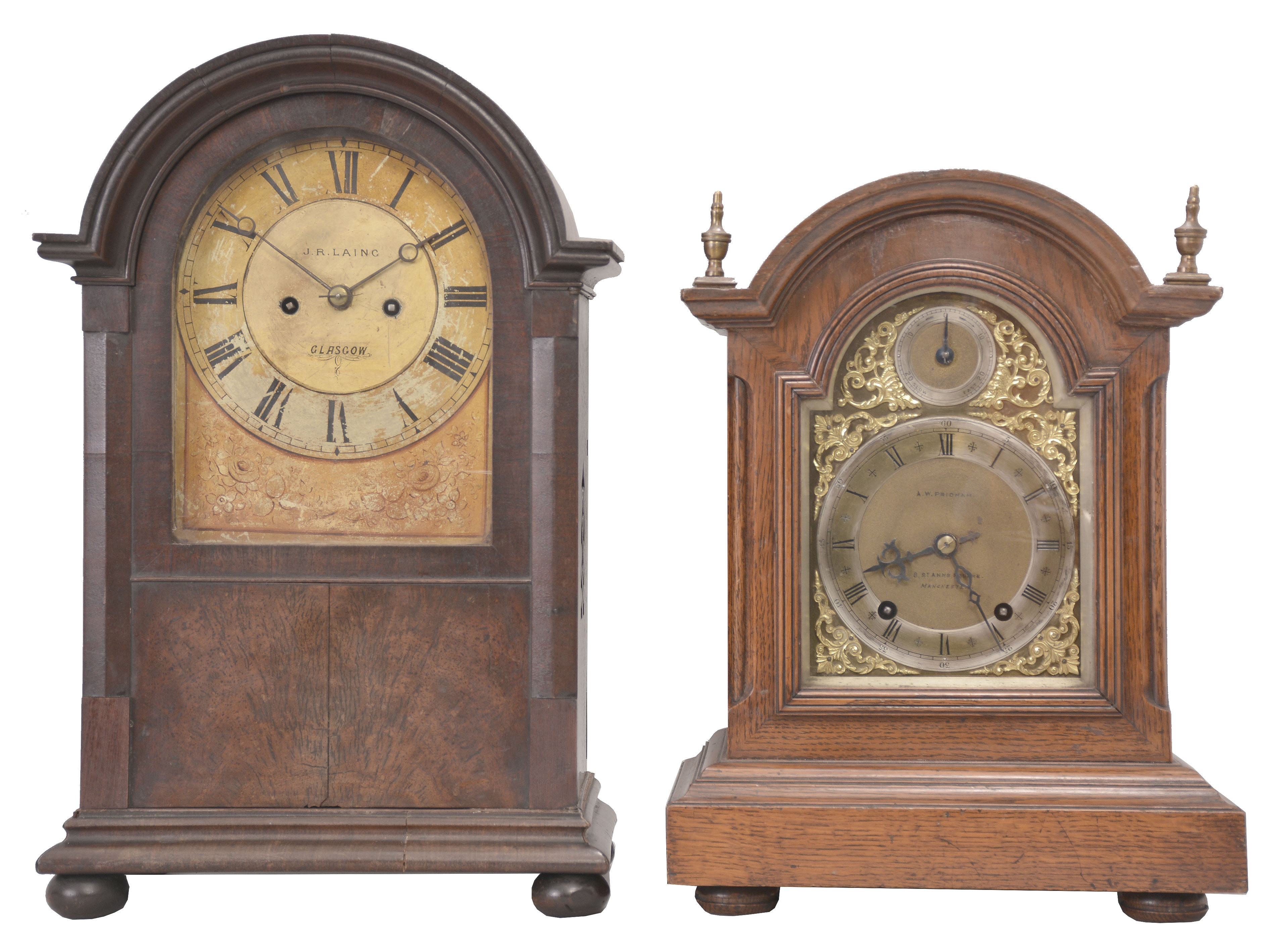 Clocks- 2 (Two): (1) England, J. R. Laing, Glasgow, 8 day, time and strike spring fusee brass movement bracket clock. c1900 (2) German, Winterhalder &amp; Hofmeier, 8 day, time and strike spring brass movement bracket clock. Dial is signed "A.W. Pridham", Manchester (England). c1900 — Antique Clocks Price Guide
