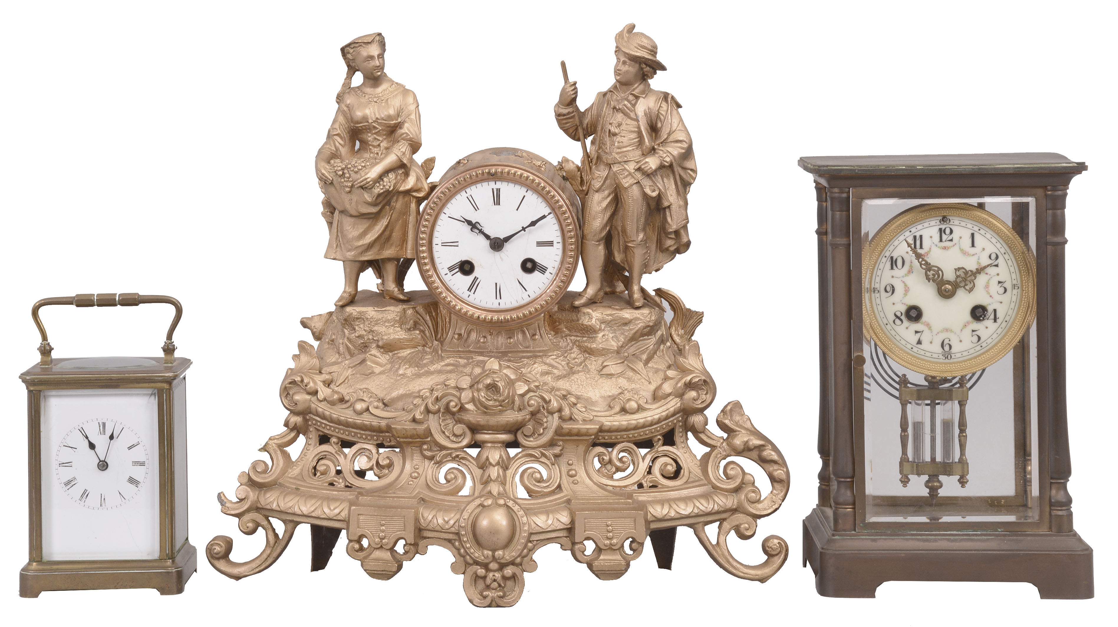 Clocks- 3 (Three) French: (1) France, carriage clock, 8 day, time and strike, spring driven movement with lever escapement in a glazed Corniche style case, c1900; (2) Japy Freres &amp; Cie, Paris, crystal regulator, 8 day, time and strike, spring driven pendule de Paris movement with compensating pendulum in a glazed brass case with white porcelain dial with garlands, c1910; (3) France, figural mantel clock, 8 day, time and strike, spring driven pendule de Paris movement in an ormolu case depicting a farming couple, white enamel dial with blued steel hands, c1880; Also included in the lot are four crystal regulator cases, one with movement. — Antique Clocks Price Guide