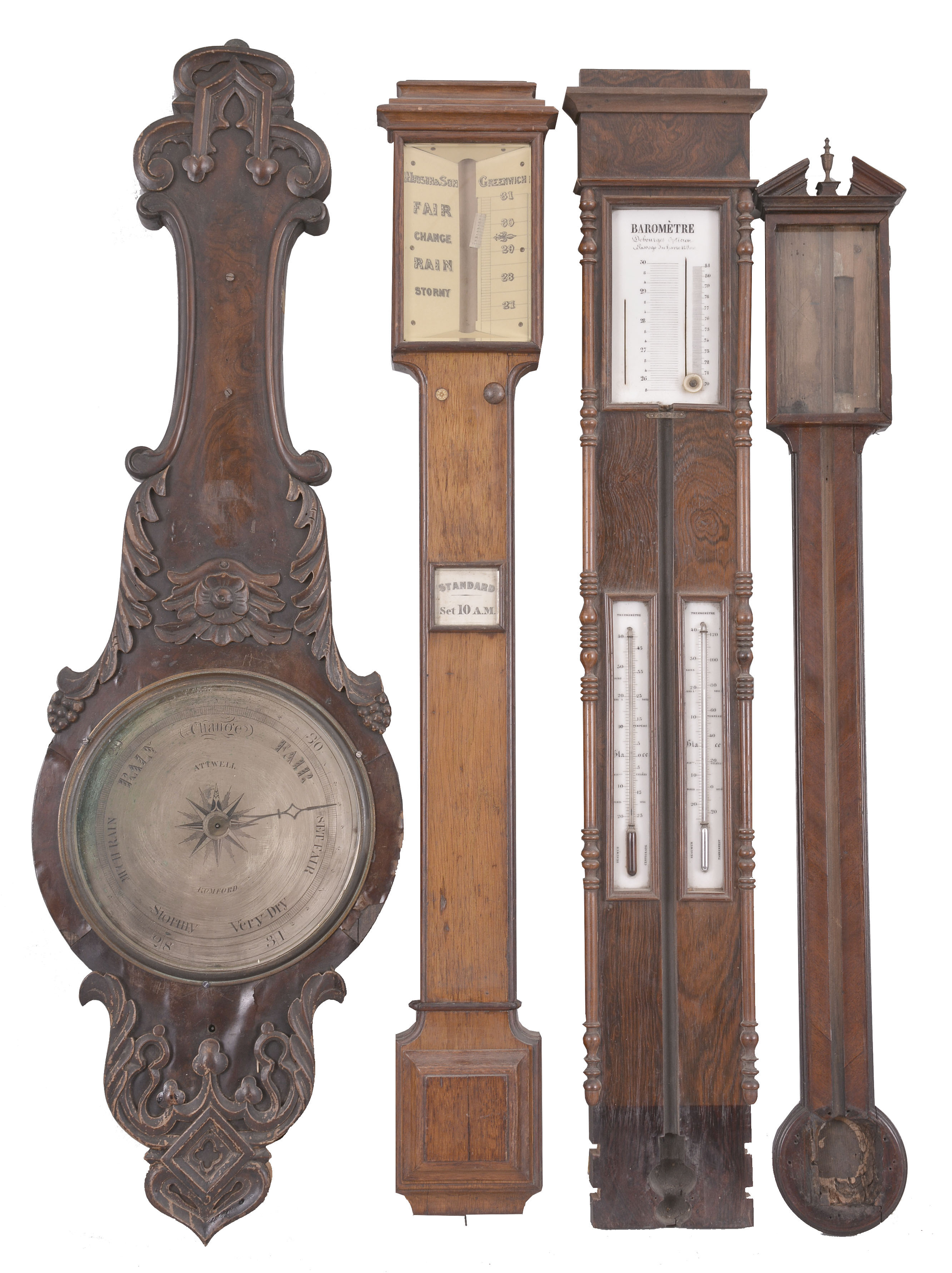 Parts- 4 (Four) Barometers: lot includes three English and one French mercury barometer -- one signed "Attwell / Romford" and another "Hudson &amp; Sons / Greenwich" all in wood cases and all for parts. — Antique Clocks Price Guide