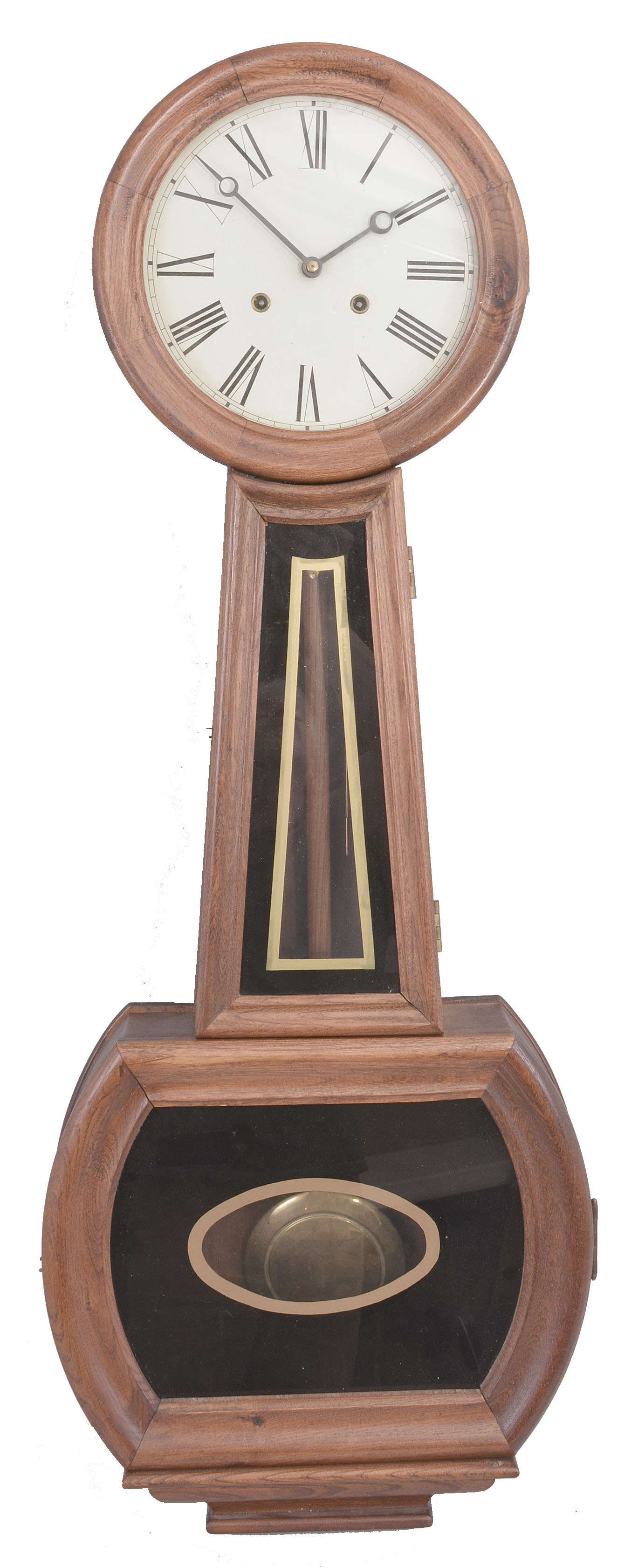 Clocks- 2 (Two): (1) Howard-inspired wall clock, 8 day, time and strike, spring driven movement in a stained hardwood case with painted metal dial, c1990; (2) International Time Recording Co., Endicott, New York, time recorder, 8 day, time and printed time stamp, spring driven movement in an oak case with two wall-mounted time card shelves, c1910. — Antique Clocks Price Guide