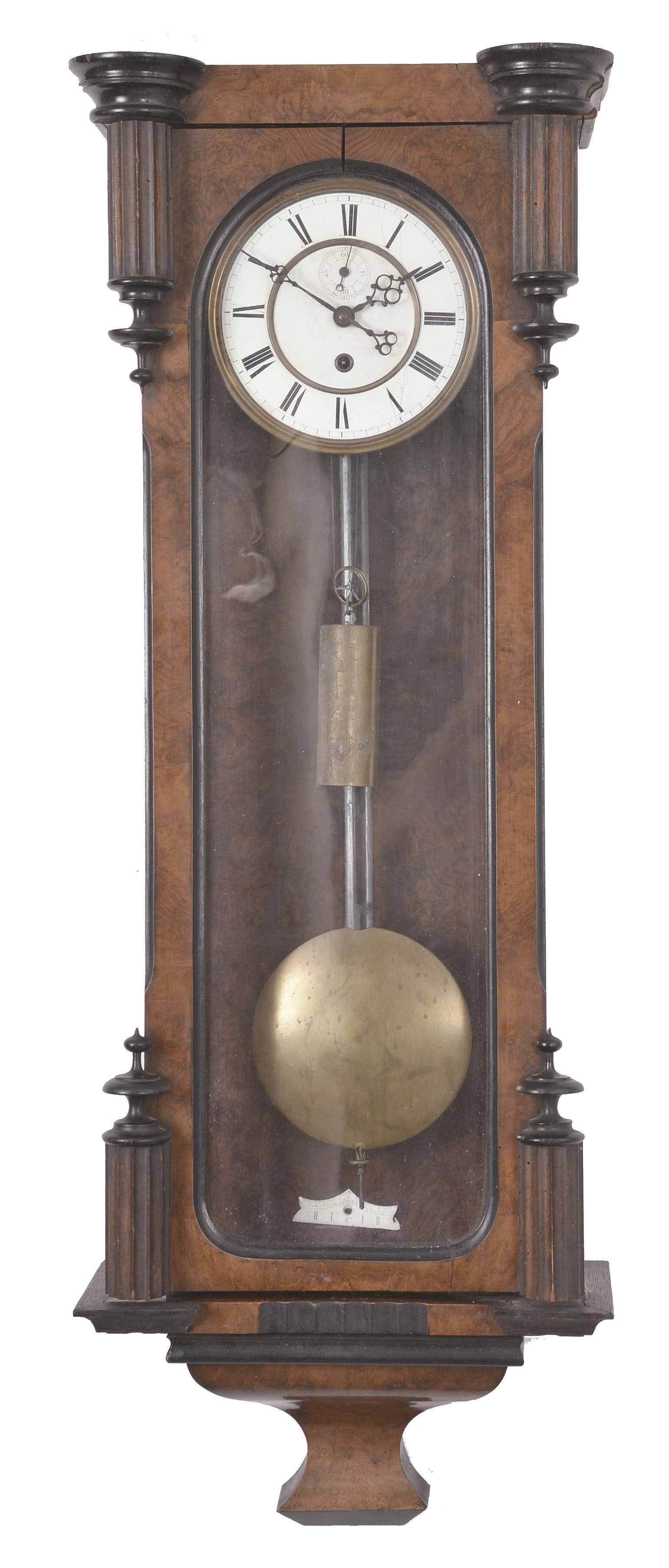Clocks- 3 (Three) European wall: (1) Regulatorfabrik Germania, Freiburg, Germany, Vienna style regulator, 8 day, time only, weight driven movement in a walnut burl veneer case with ebonized accents, c1875; (2) Germany, box clock, 8 day, time only, weight driven movement in an ash case with enameled chapter ring, c1925; (3) France, bakery clock, 8 day, time and strike, spring driven Morbier style movement in a wood case with mother of pearl inlay and alabaster dial with enamel cartouches, c1880. — Antique Clocks Price Guide