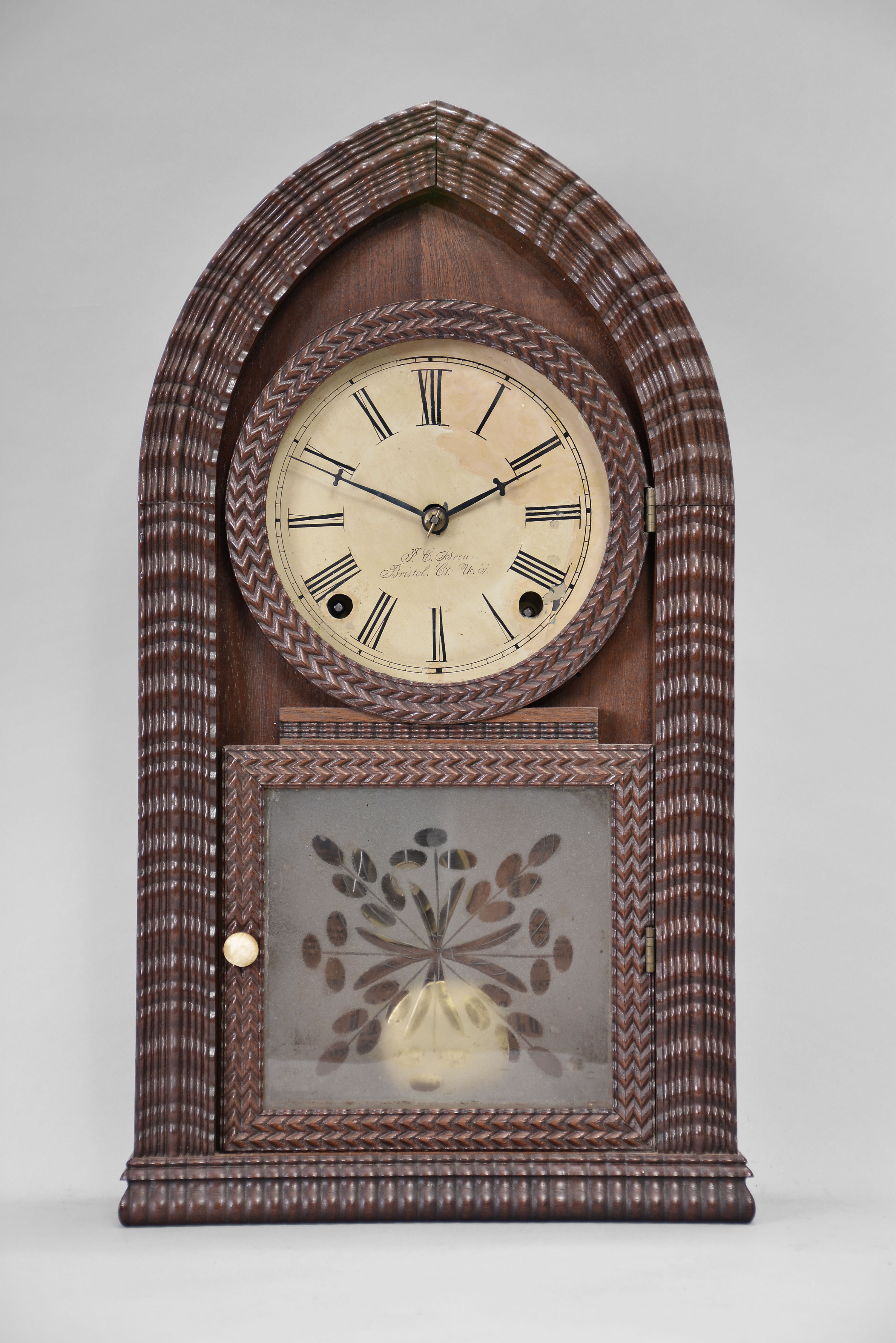 Forestville Manufacturing Co., Bristol, Conn., (J.C. Brown), 8 day, time and strike spring brass movement ripple molding round gothic or beehive shelf clock. — Antique Clocks Price Guide