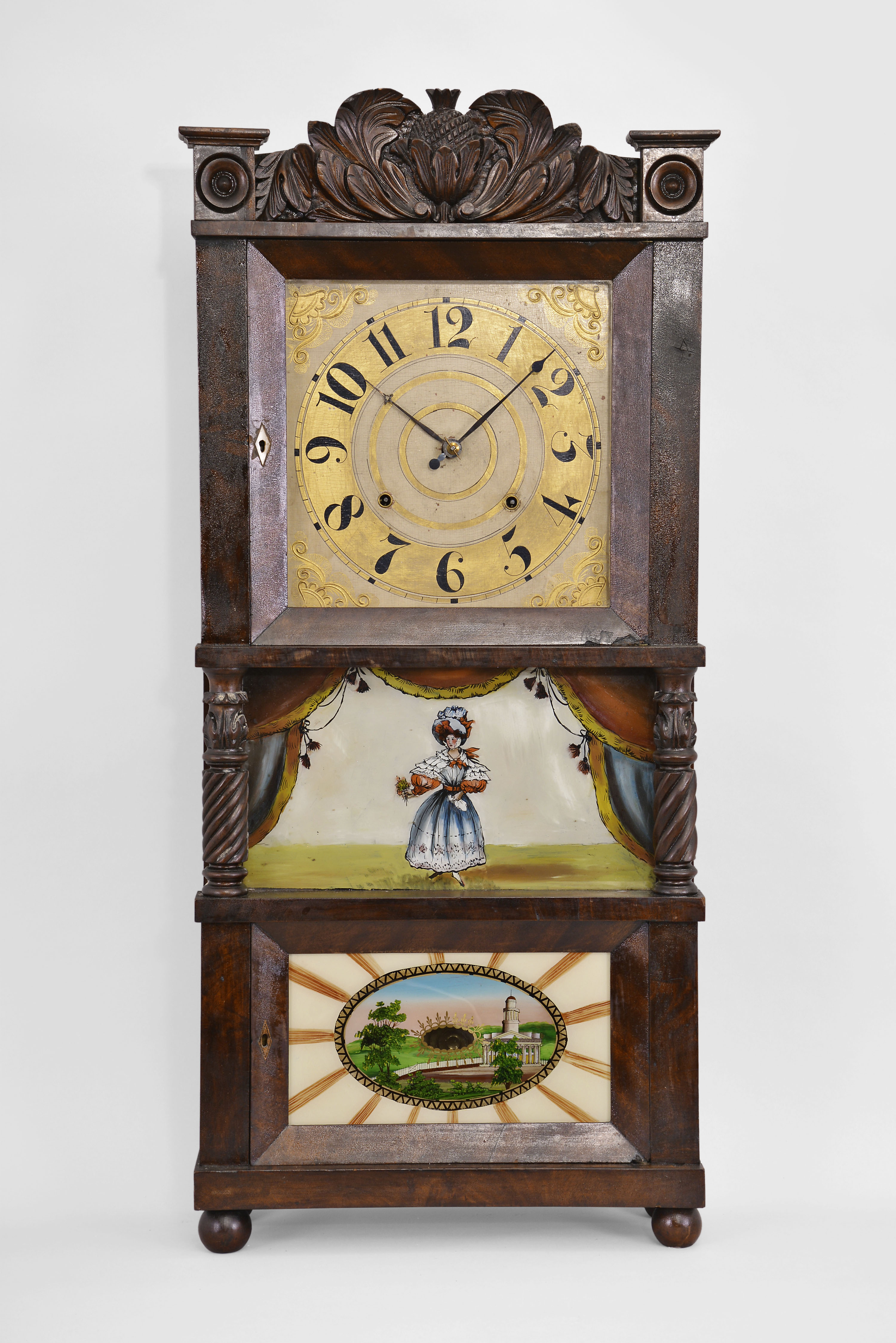 Clocks- 2 (Two): (1) C. &amp; L. C. Ives, Bristol, Conn., 8 day, time and strike weight brass movement triple decker shelf clock with carved splat and center columns. c1835 (2) Seth Thomas, Plymouth, Conn., 30 hour, time and strike weight wood movement short fully carved half-column and splat shelf clock. c1832 — Antique Clocks Price Guide
