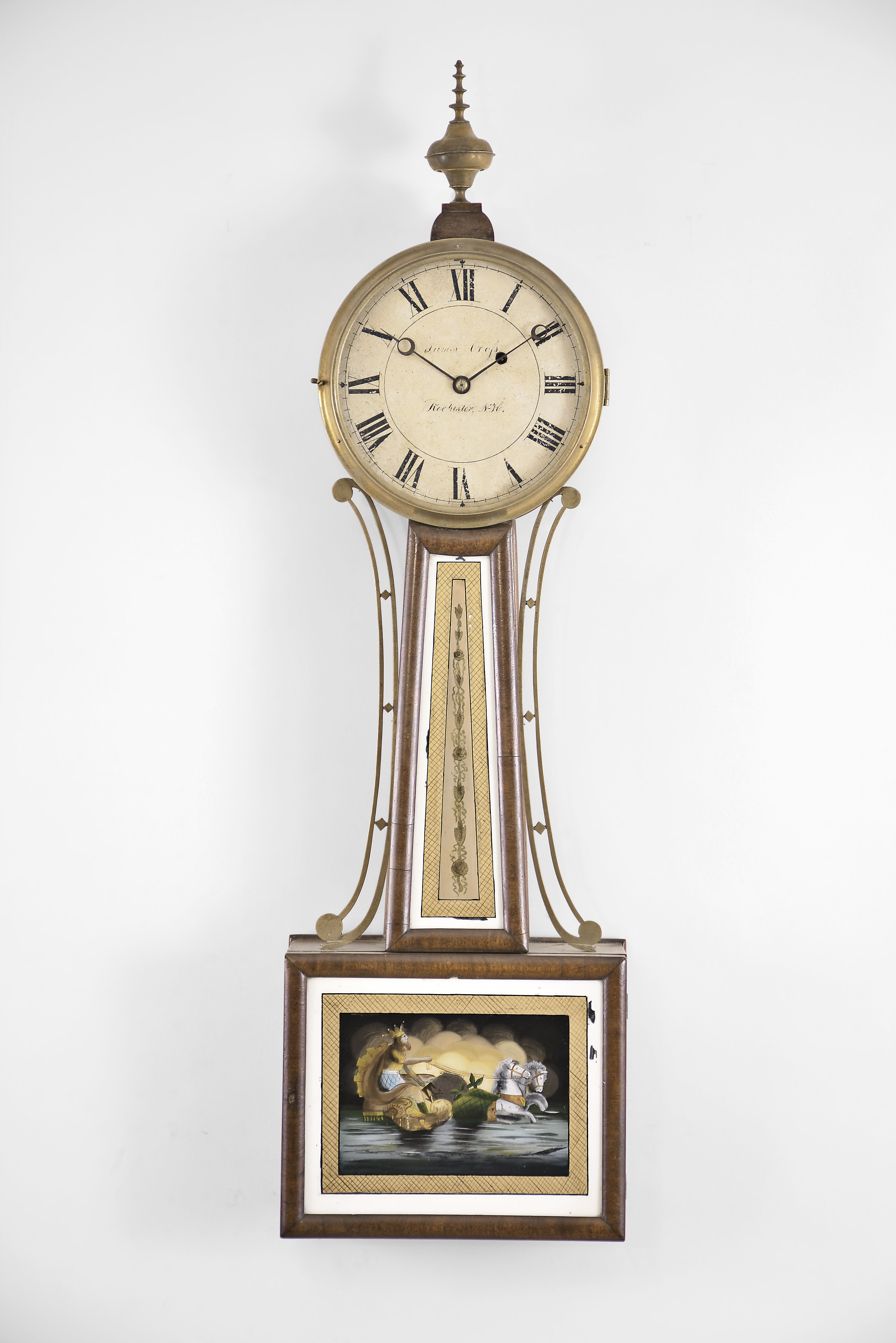 James Cross, Rochester, New Hampshire, 8 day, weight brass movement patent or banjo wall timepiece. — Antique Clocks Price Guide