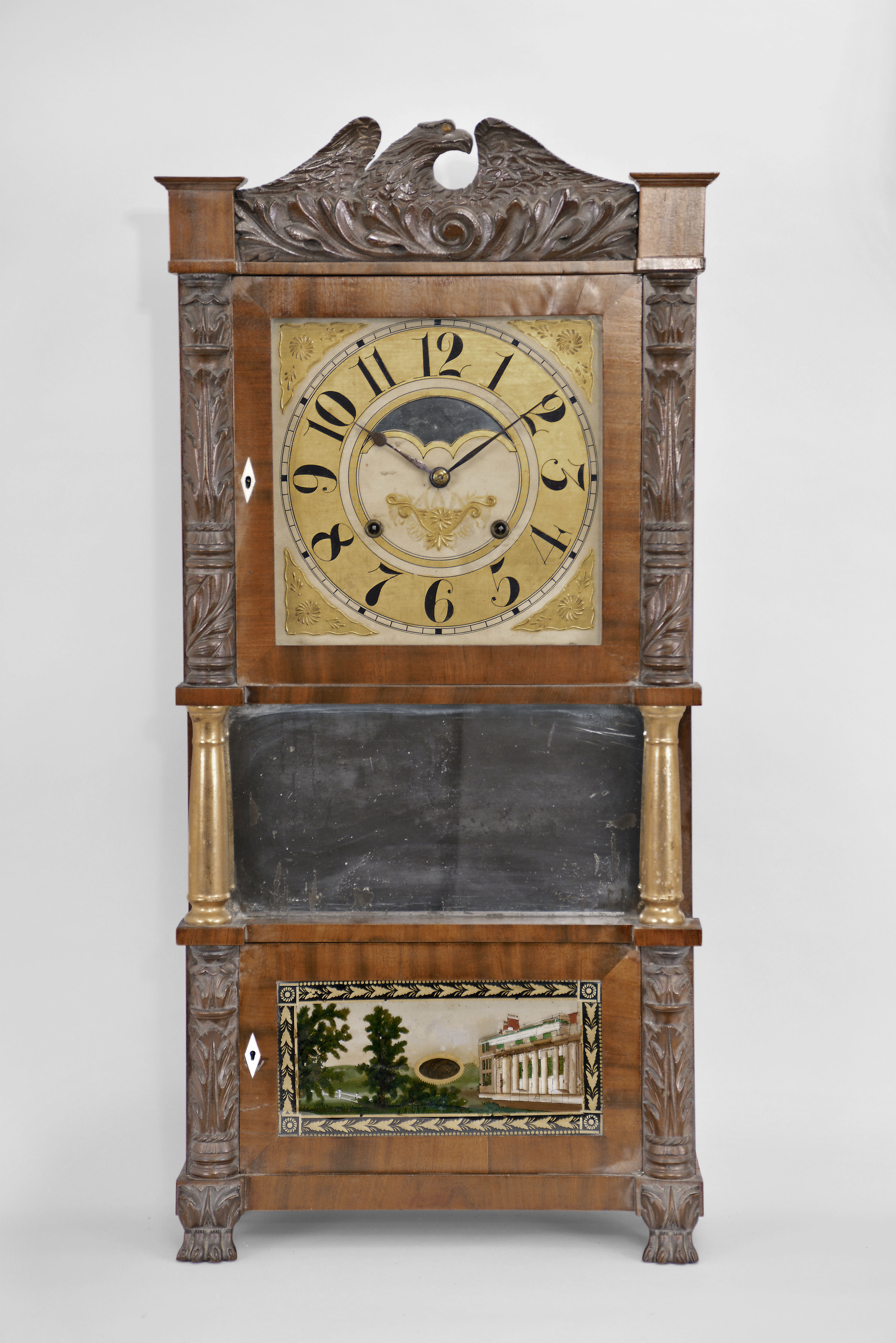 Birge and Ives, Bristol, Conn., 8 day, time and strike weight brass movement triple decker shelf clock with great tablet featuring Greek Revival mansion — Antique Clocks Price Guide