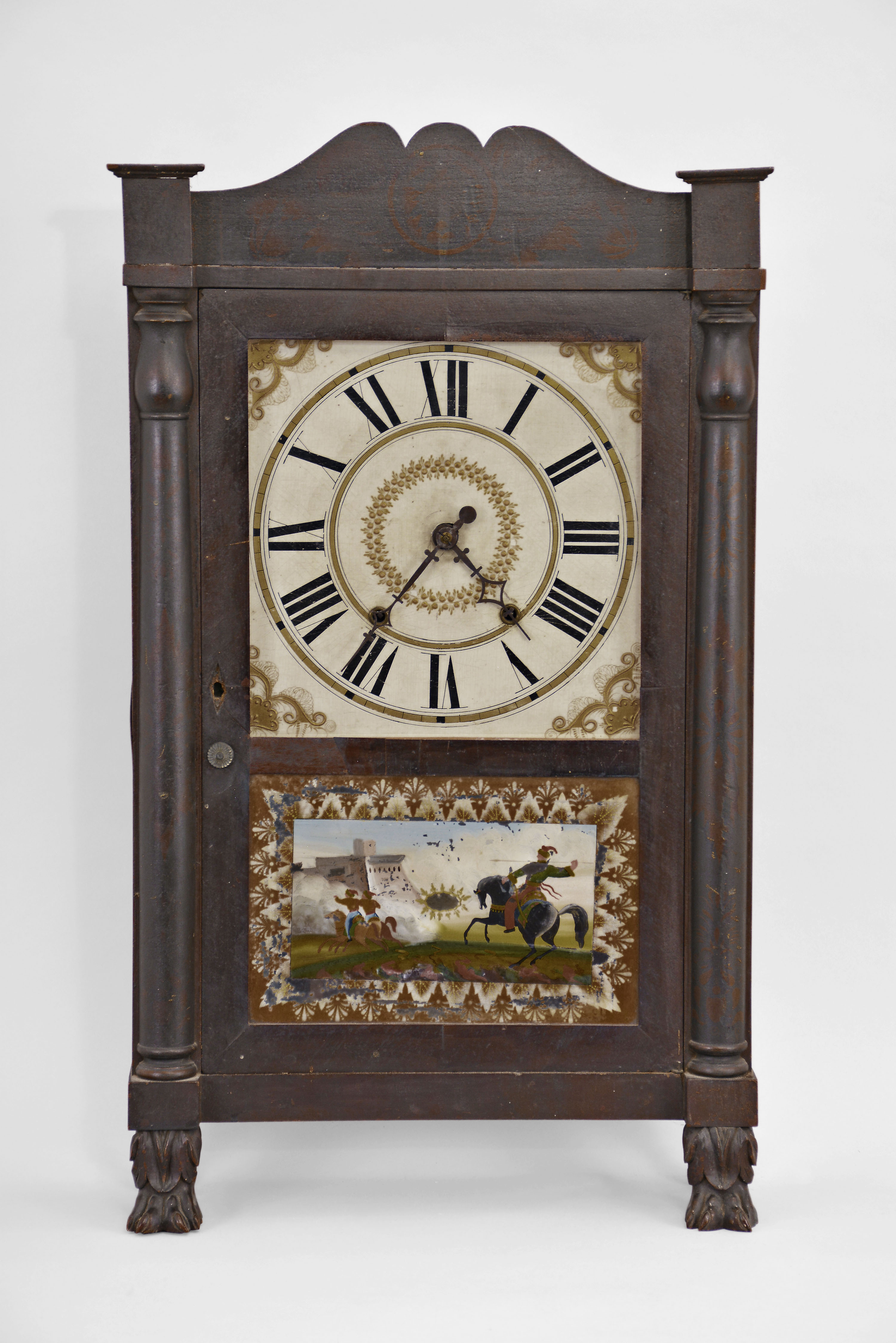 Riley Whiting, Winchester, Conn., 30 hour, time and strike weight wood movement half column &amp; splat shelf clock with paw feet. — Antique Clocks Price Guide