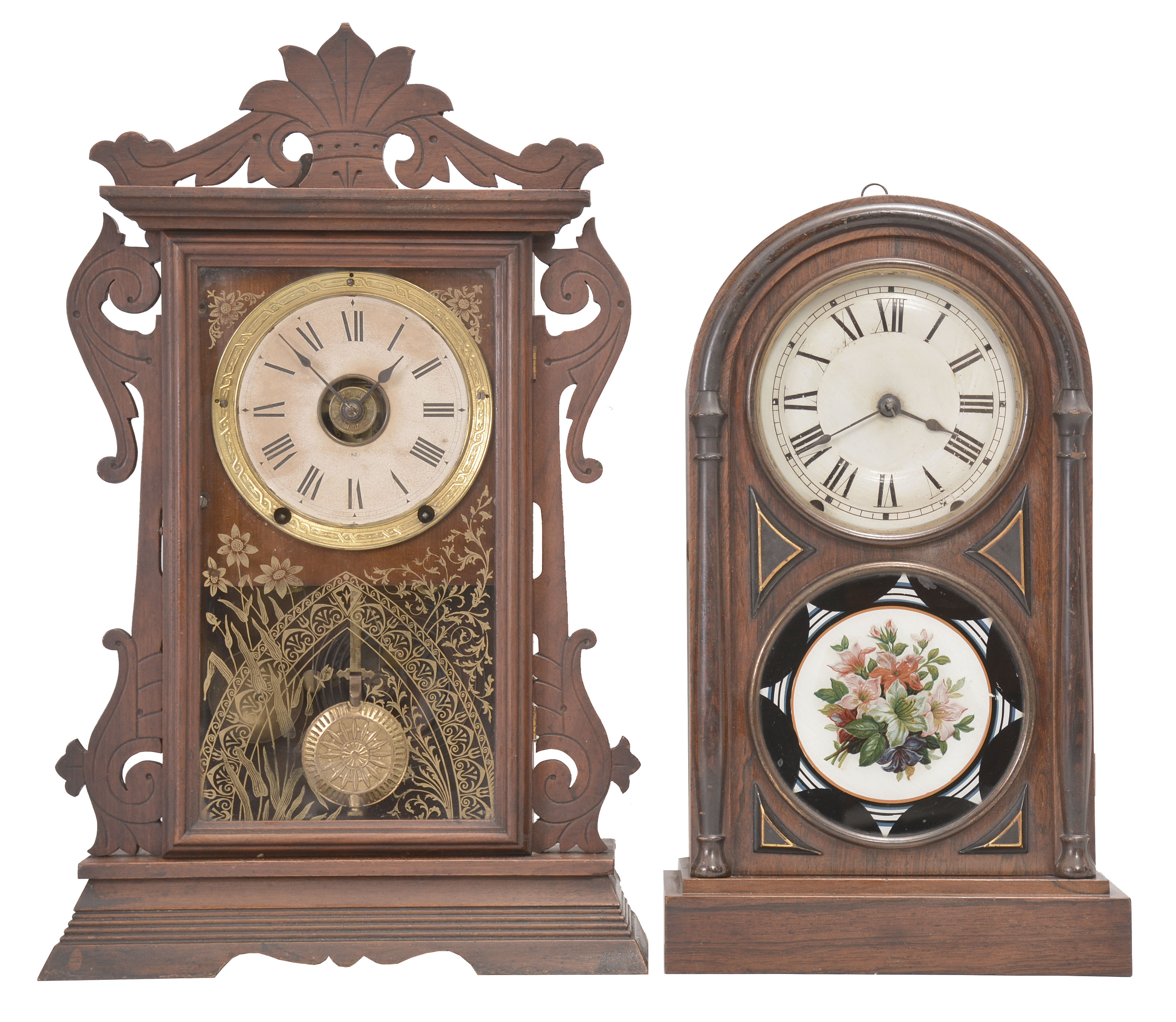 Clocks- 2 (Two): (1) Seth Thomas Clock Co., Thomaston, Conn., "Newark" City Series shelf clock with a spring driven 8 day time with Winward's (British) patent alarm in a walnut case; c1896. (2) Seth Thomas Clock Co., Thomaston, Conn., "Chicago" City Series shelf clock with a spring driven 8 day time and strike movement in a rosewood veneered case. c1890. — Antique Clocks Price Guide
