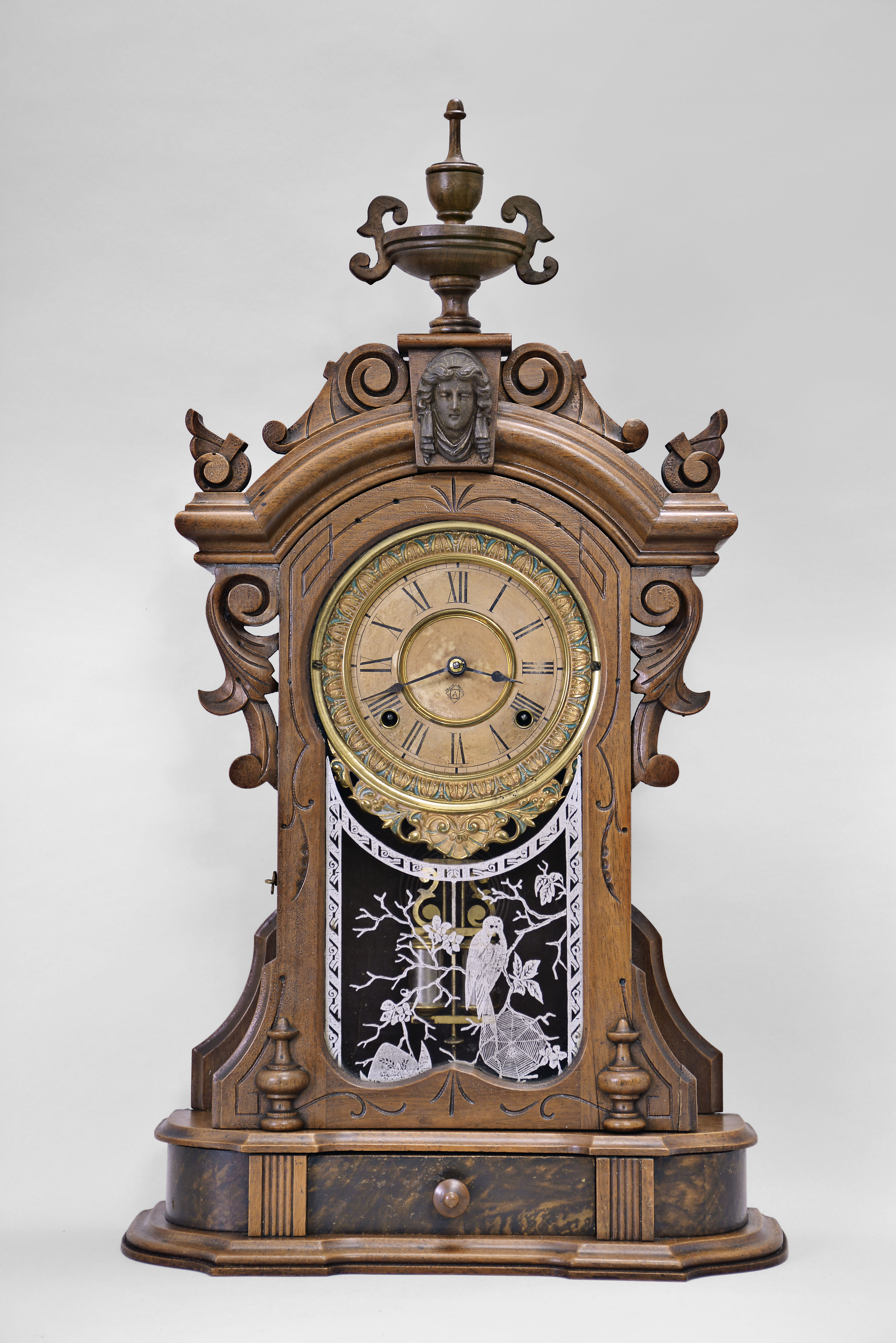 Ansonia Clock Co., New York, "Monarch" mantel clock with a spring driven 8 time and half hour strike movement in a black walnut case. — Antique Clocks Price Guide