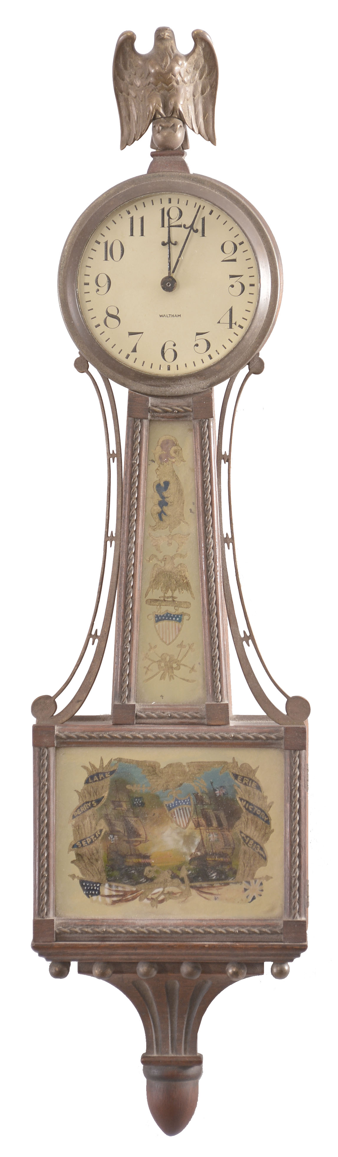 Clocks- 4 (Four) Banjo: (1) Unknown, banjo clock, 8 day, time only, weight driven movement in a bench-made mahogany case, c1907; (2) Sessions Clock Co., "Halifax" banjo, 8 day, time and strike, spring driven movement in a mahogany finish case, c1930; (3) Sessions Clock Co., "Seymour" banjo clock, 8 day, time only, spring driven movement with lever escapement, c1933; (4) Waltham Clock Co., "Willard, No. 1550" miniature banjo, 8 day, time only, spring driven balance wheel movement with glasses showing The Constitution and Guerriere, c1930. — Antique Clocks Price Guide