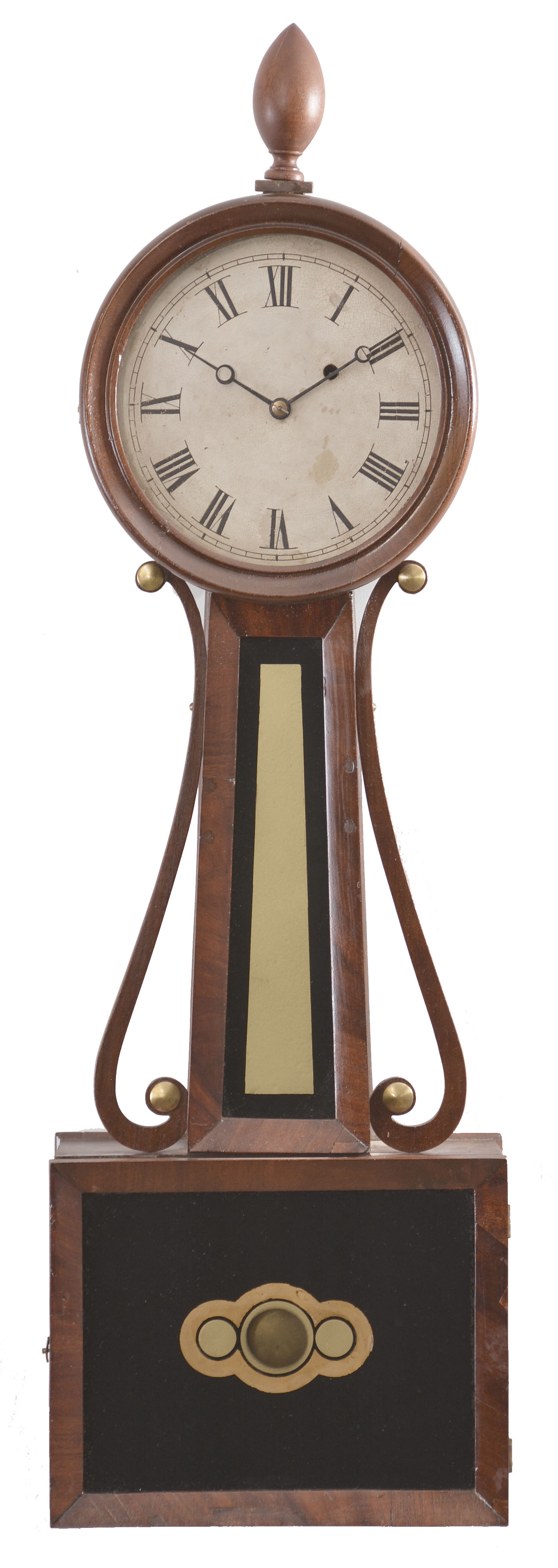 Clocks- 2 (Two) Attleboro Banjos: (1) Possibly Horace Tifft, North Attleboro, Mass., Patent or banjo timepiece, 8 day, weight driven movement in a mahogany and mahogany veneer case, c1840; (2) Williams &amp; Hatch, North Attleboro, Mass., Patent or banjo timepiece, 8 day, weight driven movement in a mahogany and mahogany veneer case, c1840. — Antique Clocks Price Guide