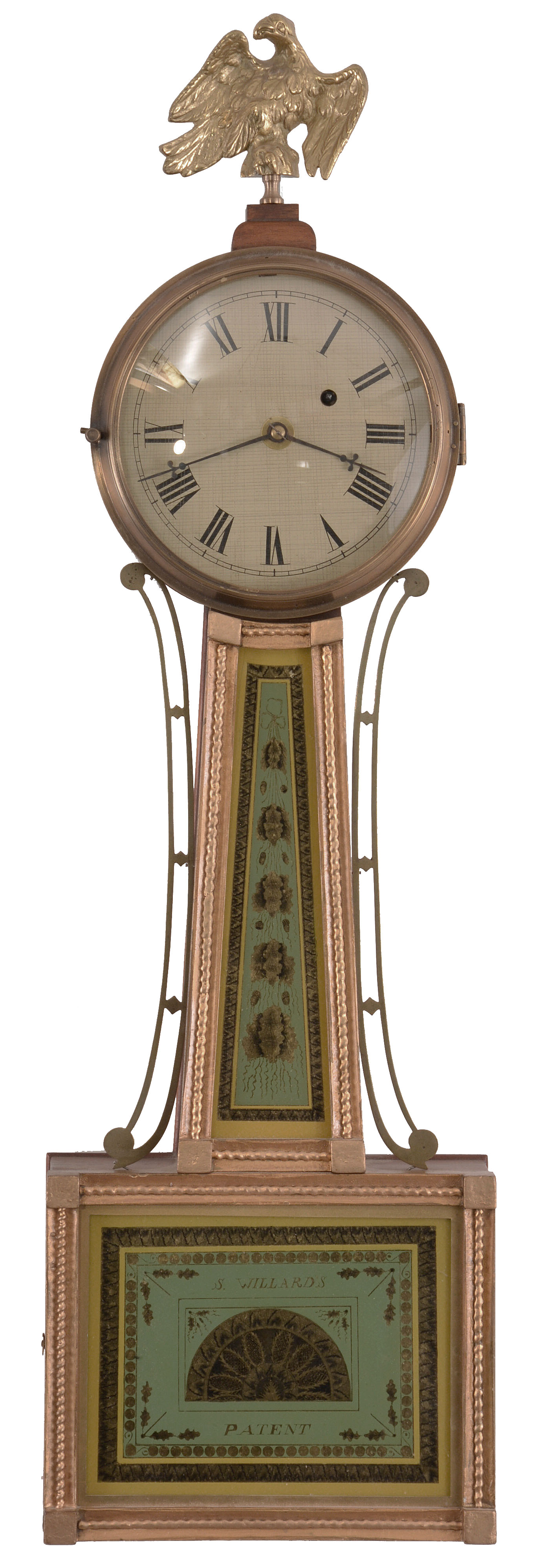 Clocks- 2 (Two): (1), Massachusetts, possibly North Attleboro, 8 day, weight brass movement patent or banjo wall timepiece. c1860 (2) Massachusetts, 8 day, weight brass movement patent or banjo wall timepiece. c1825 — Antique Clocks Price Guide