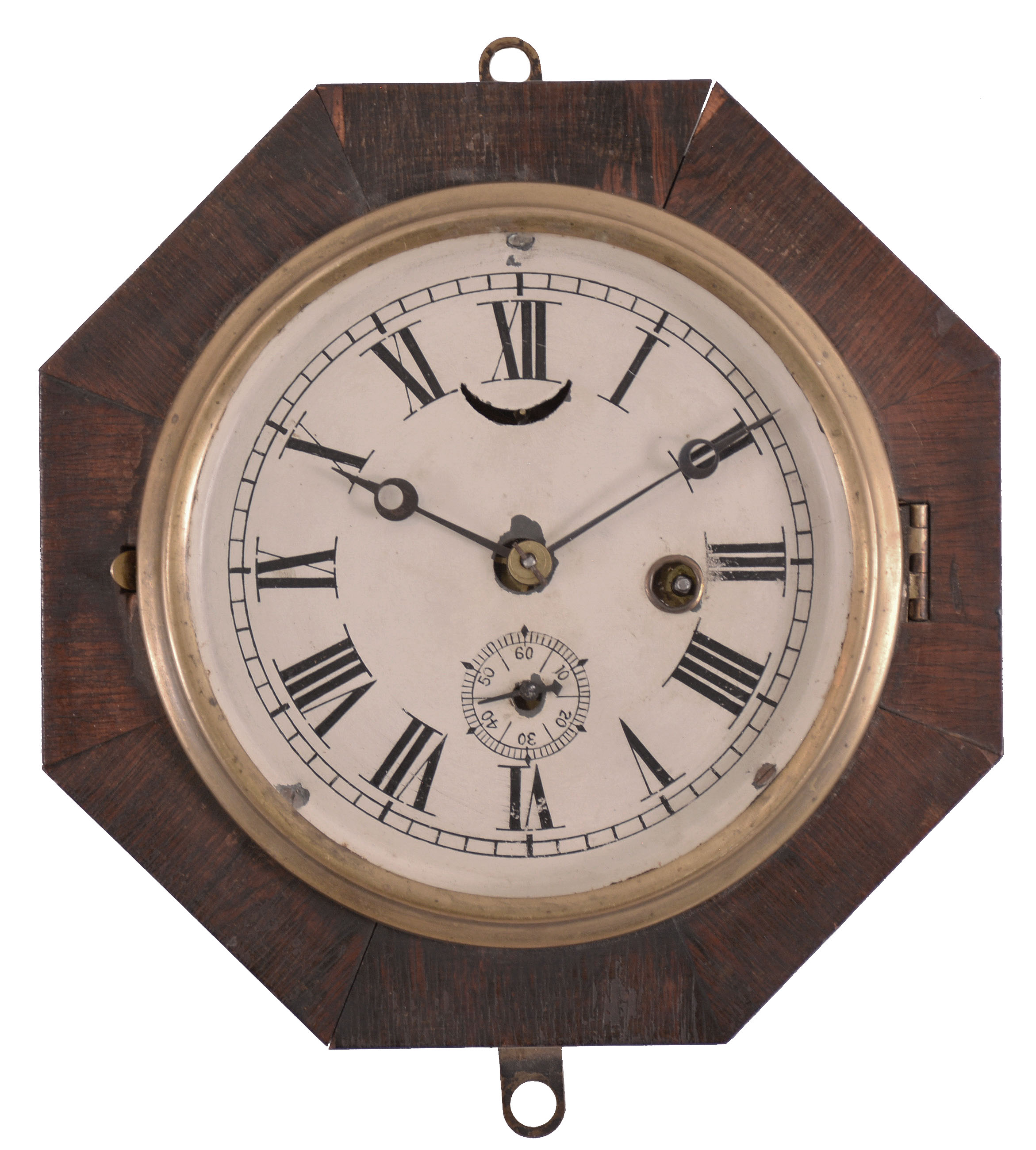 Clocks- 4 (Four) Marine Lever: (1) E.N. Welch Manufacturing Co., Forestville, Conn., "Bismarck" Lever, 30 hour, time only, spring driven movement with lever escapement in a brass case, c1880; (2) E.N. Welch, Forestville, Conn., "Octagon Lever", 30 hour, time only, spring driven movement with lever escapement in a rosewood veneered case with painted metal dial, c1885; (3) Probably Welch, octagonal lever, 30 hour, time only, spring driven movement with lever escapement in a rosewood veneered case with painted metal dial, c1885; (4) S.E. Root, Bristol, Conn., marine lever, 30 hour, time only, spring driven movement in a turned walnut case with paper dial, c1875. — Antique Clocks Price Guide