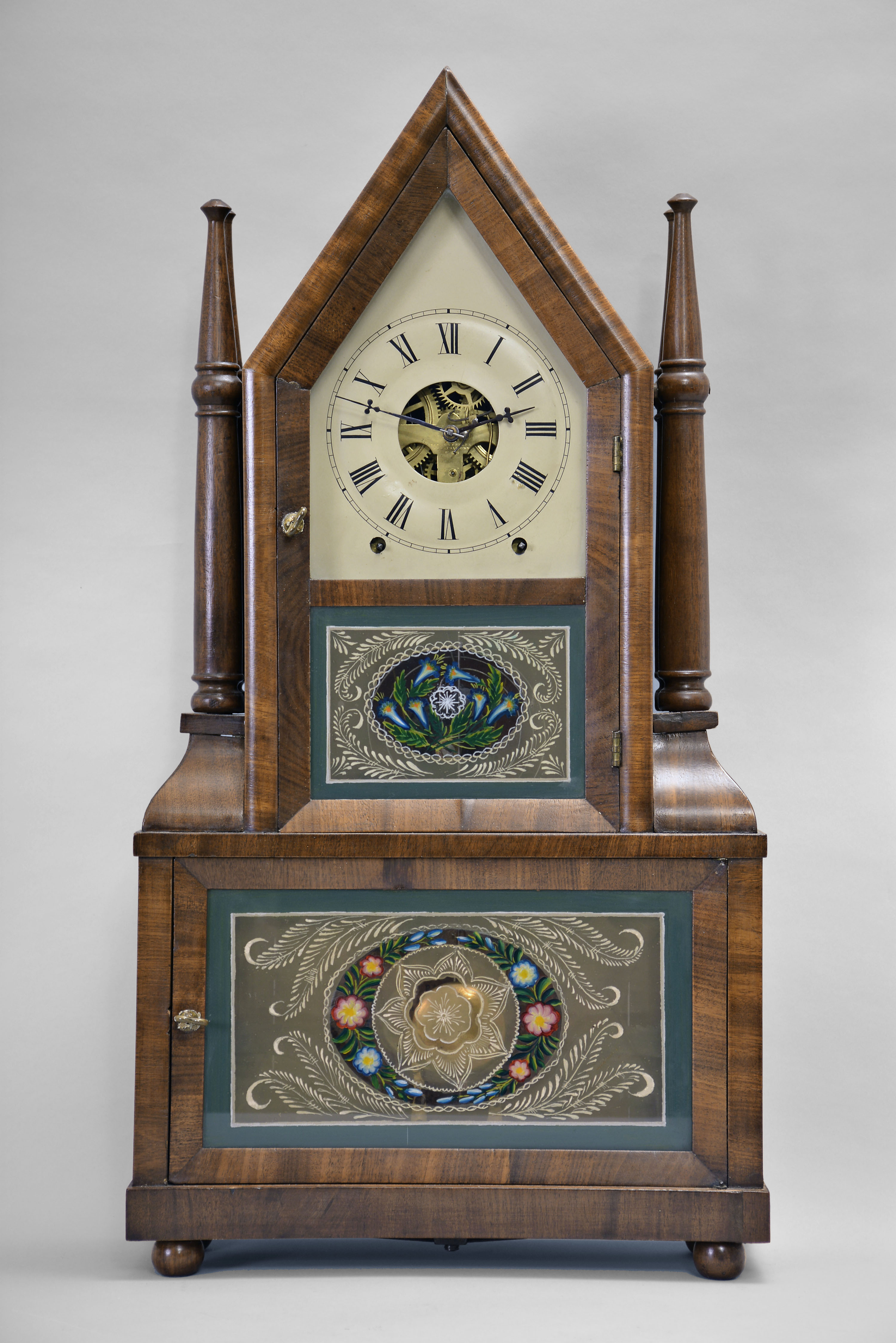 Birge &amp; Fuller, Bristol, Conn., 8 day, time and strike wagon spring brass movement steeple on frame with candle finials shelf clock. — Antique Clocks Price Guide