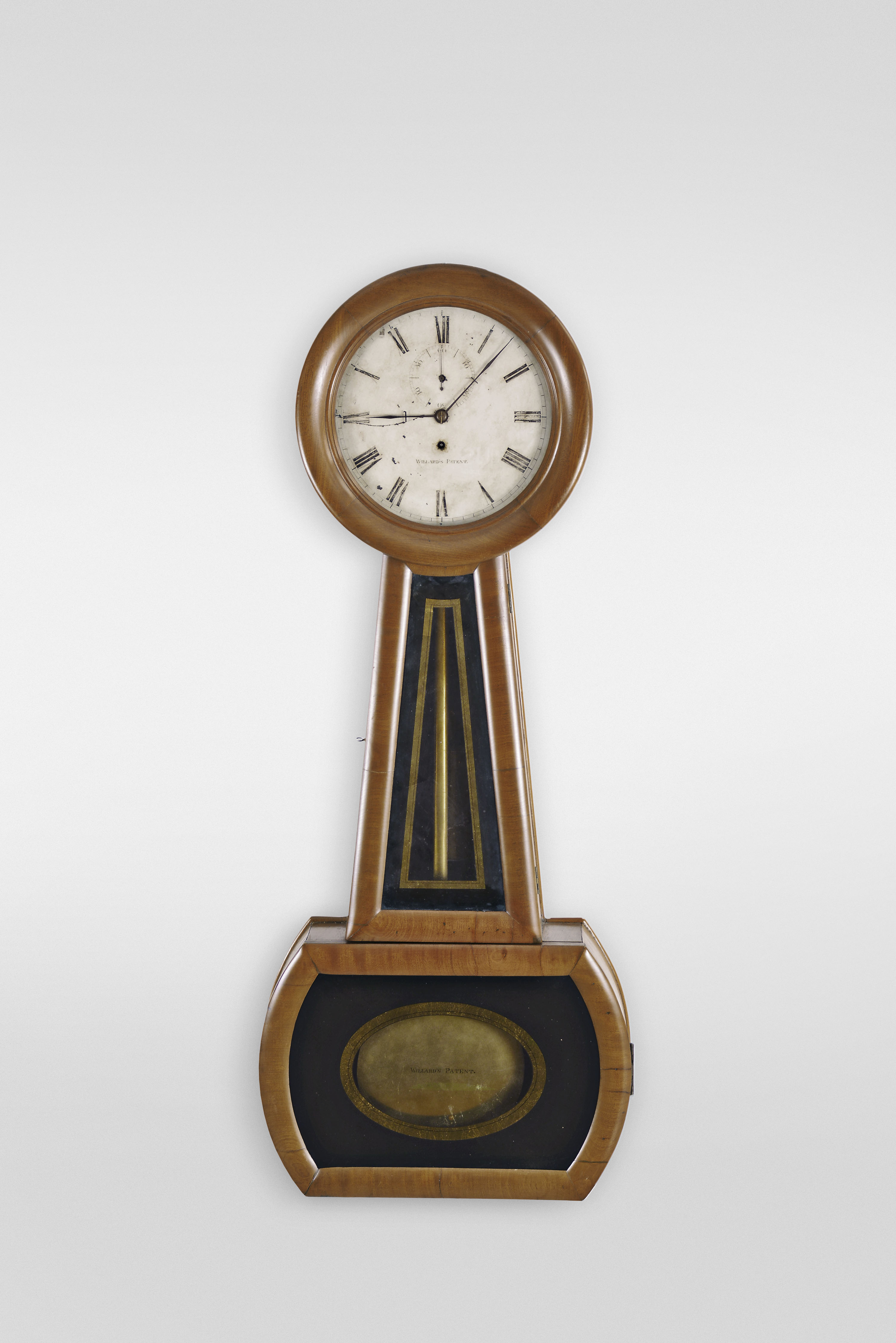 Belding D. Bingham, Nashua, NH "Banjo No. 1" type wall clock, 8 day, time only, brass weight driven movement in a mahogany case with reverse painted throat and lower tablets and painted metal dial, signed "WILLARD'S PATENT " — Antique Clocks Price Guide