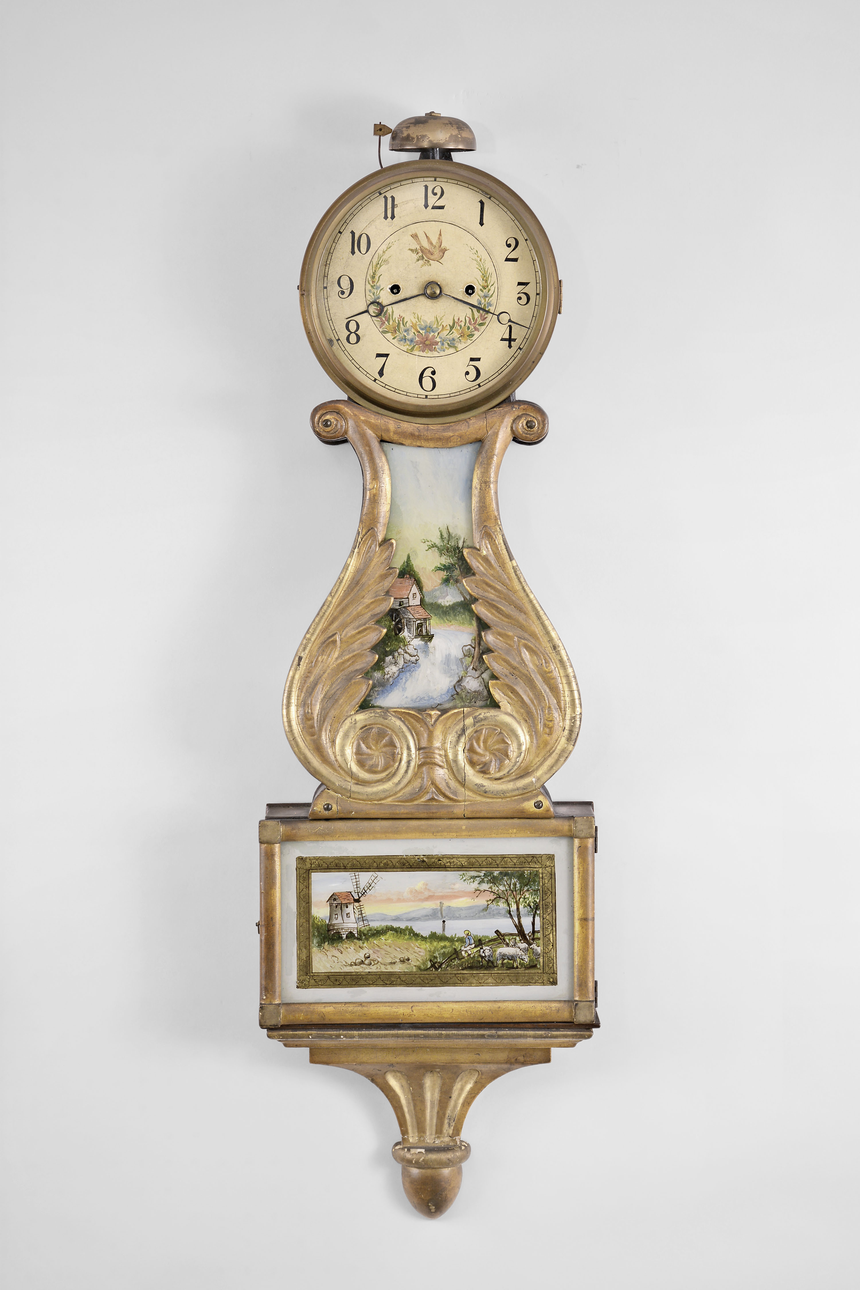 Unknown, possibly Massachusetts, 8 day, time and strike weight brass movement gilt front box Lyre clock. — Antique Clocks Price Guide
