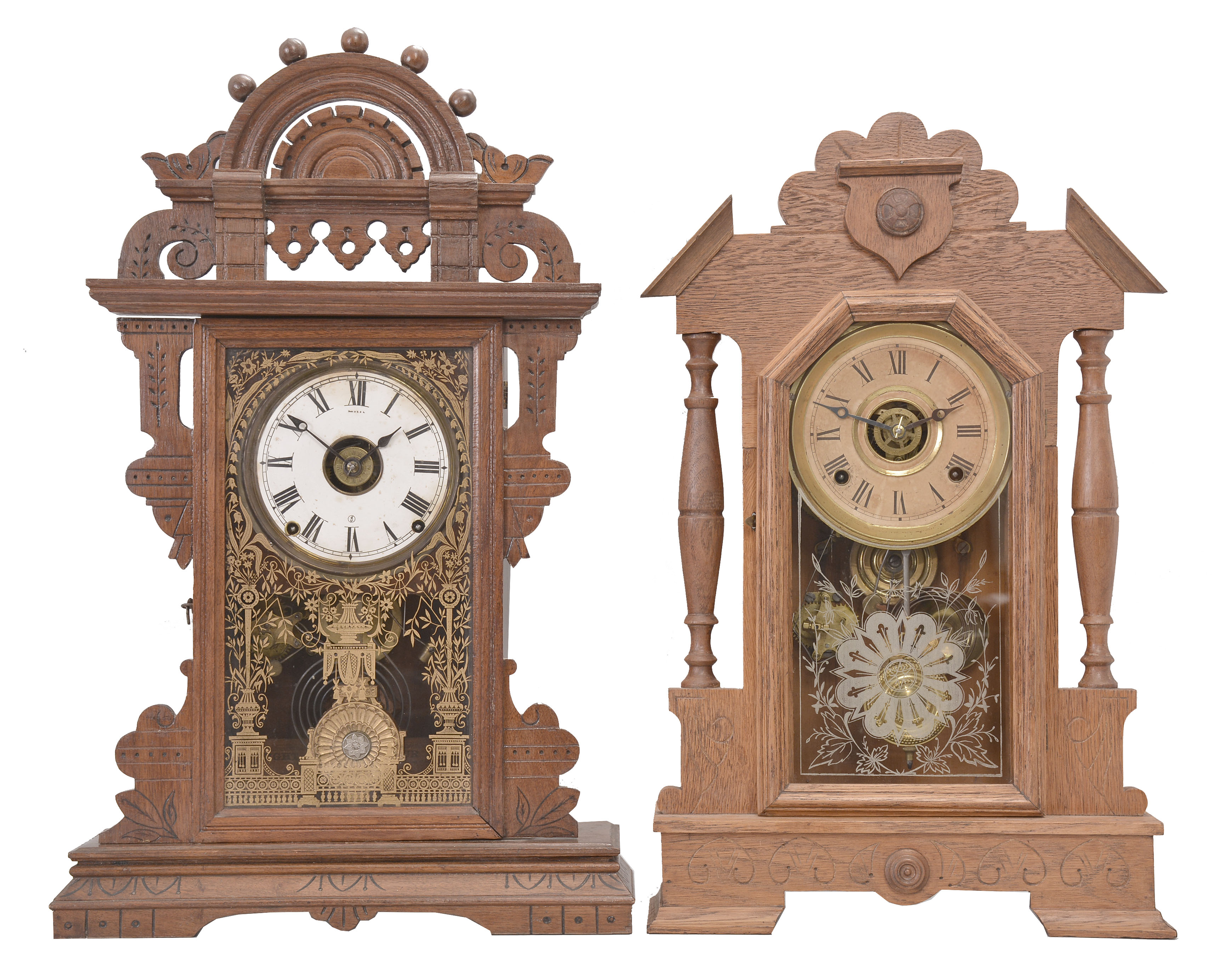 Clocks -2 (Two): (1) Russell &amp; Jones Clock Co., Pittsfield, Mass., "Detroit" shelf clock with a spring driven 8 day time, strike and alarm movement in an oak case. c1890. (2) Seth Thomas Clock Co., Thomaston, Conn., "Eclipse" shelf clock with a spring driven 8 day time, strike and alarm movement (lyre) in a walnut case. c1890. — Antique Clocks Price Guide