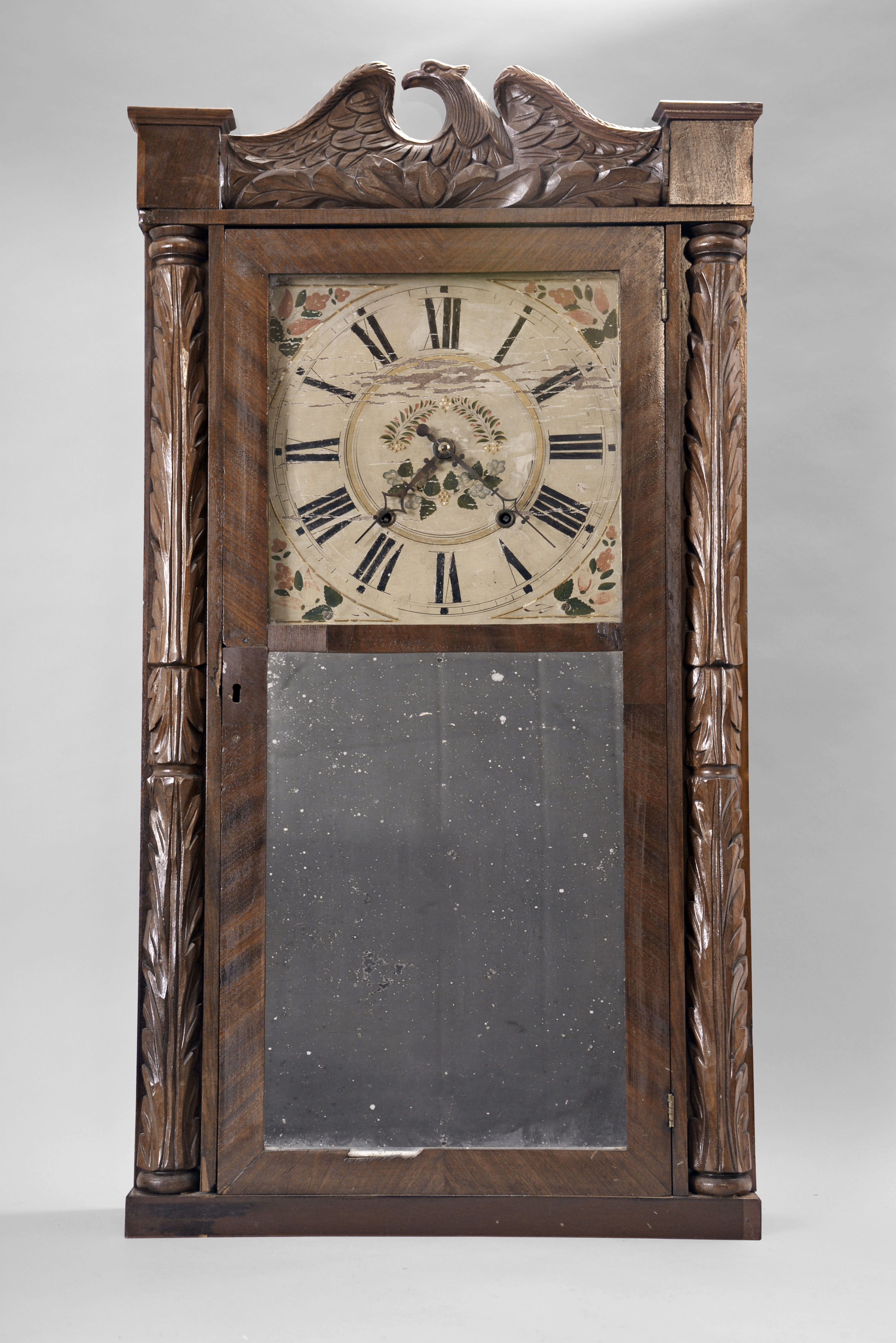 Clocks- 2 (Two): (1) Unknown, 30 hour, time and strike weight wood movement carved column &amp; splat shelf clock. c1832 (2) Elisha Hotchkiss, Burlington, Conn., 30 hour, time and strike weight wood movement half column &amp; splat shelf clock. c1835 — Antique Clocks Price Guide
