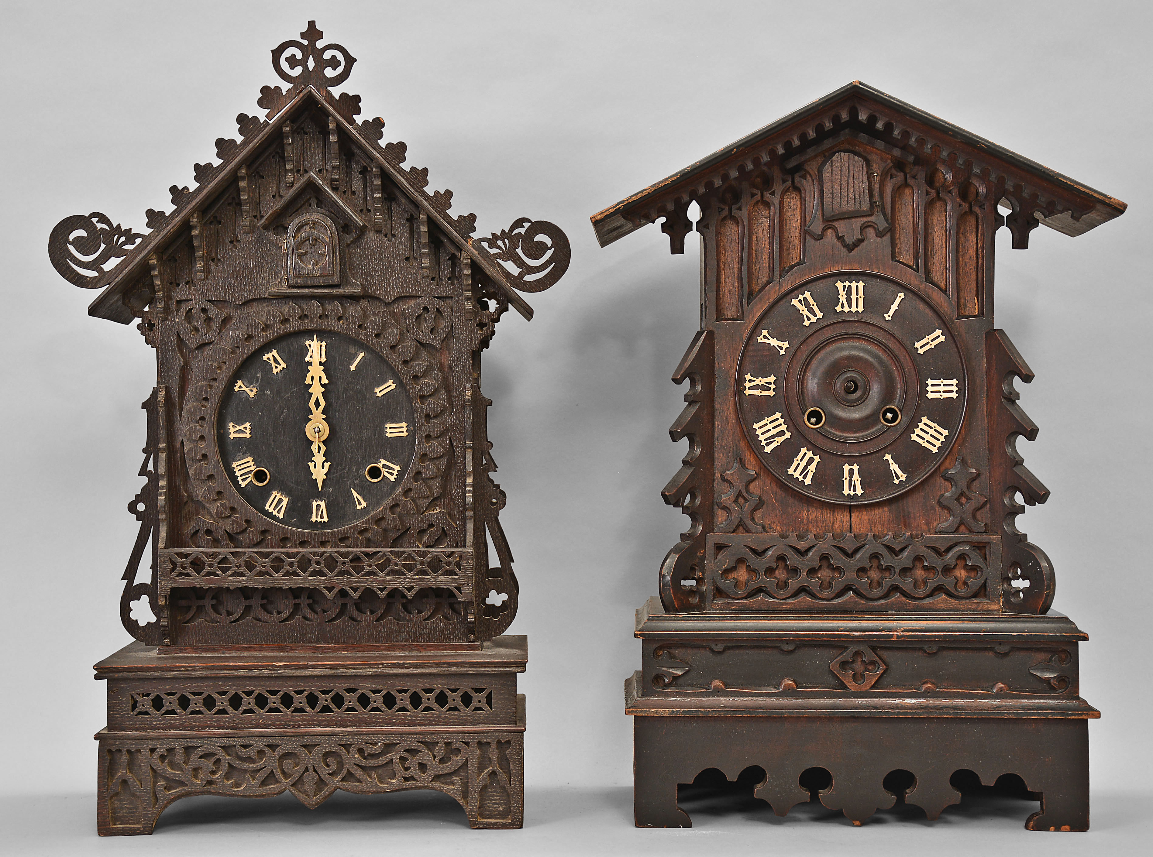 Clocks- 4 (Four) Cuckoo: (1) Scarce A. Frankfeld and Co., New York, shelf cuckoo, 8 day, time and strike with cuckoo bird, modified spring driven Waterbury movement in a fretwork case, c1870; (2) Gordian Hettich &amp; Sohn, Furtwangen, Germany, shelf cuckoo, 8 day, time and strike with cuckoo in carved wood case, c1890; (3) Philipp Haas &amp; Sohne, St. Georgen, Germany, cuckoo clock, 30 hour, time and strike with cuckoo, c1906; (4) American Cuckoo Clock Co, Philadelphia, cuckoo clock, 30 hour, time and strike with cuckoo in a carved wood case, c1910. — Antique Clocks Price Guide