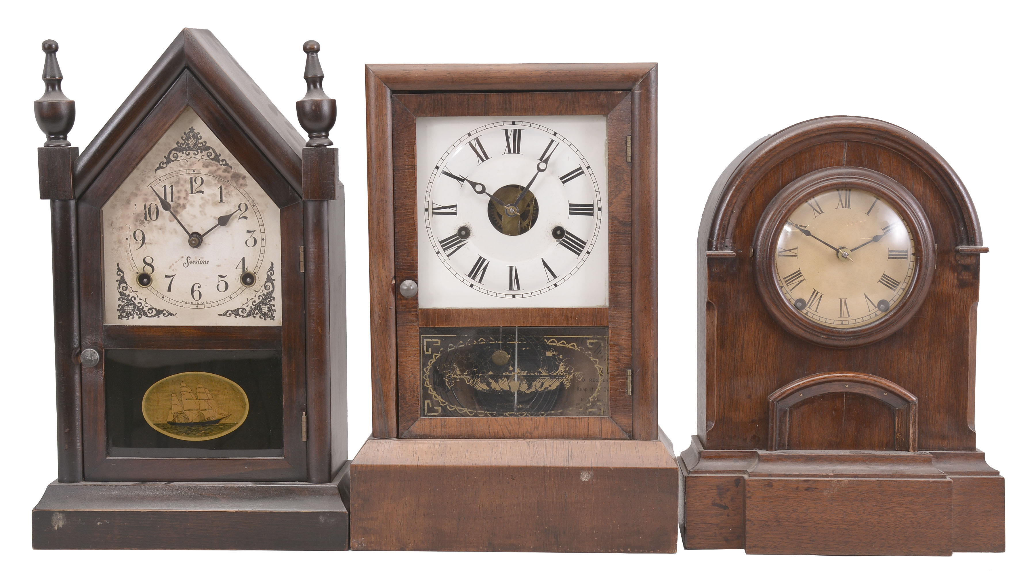 Clocks and Clock Parts- 11 (Eleven): an assortment of mantel and shelf clocks, some incomplete, including a triple decker, Gilbert mantel clock, Henry Terry half-column and splat, Seth Thomas 30-hour ogee, Sessions steeple, Ithaca calendar clock, George Owen parlor clock (case only), American Clock Co. round top mantel clock, New Haven "Oct. Prize" (case only), "Van Zandt" cabinet clock, and a Seth Thomas cottage clock. Lot also includes four brass movements, a few dozen keys, and some pendulums. — Antique Clocks Price Guide