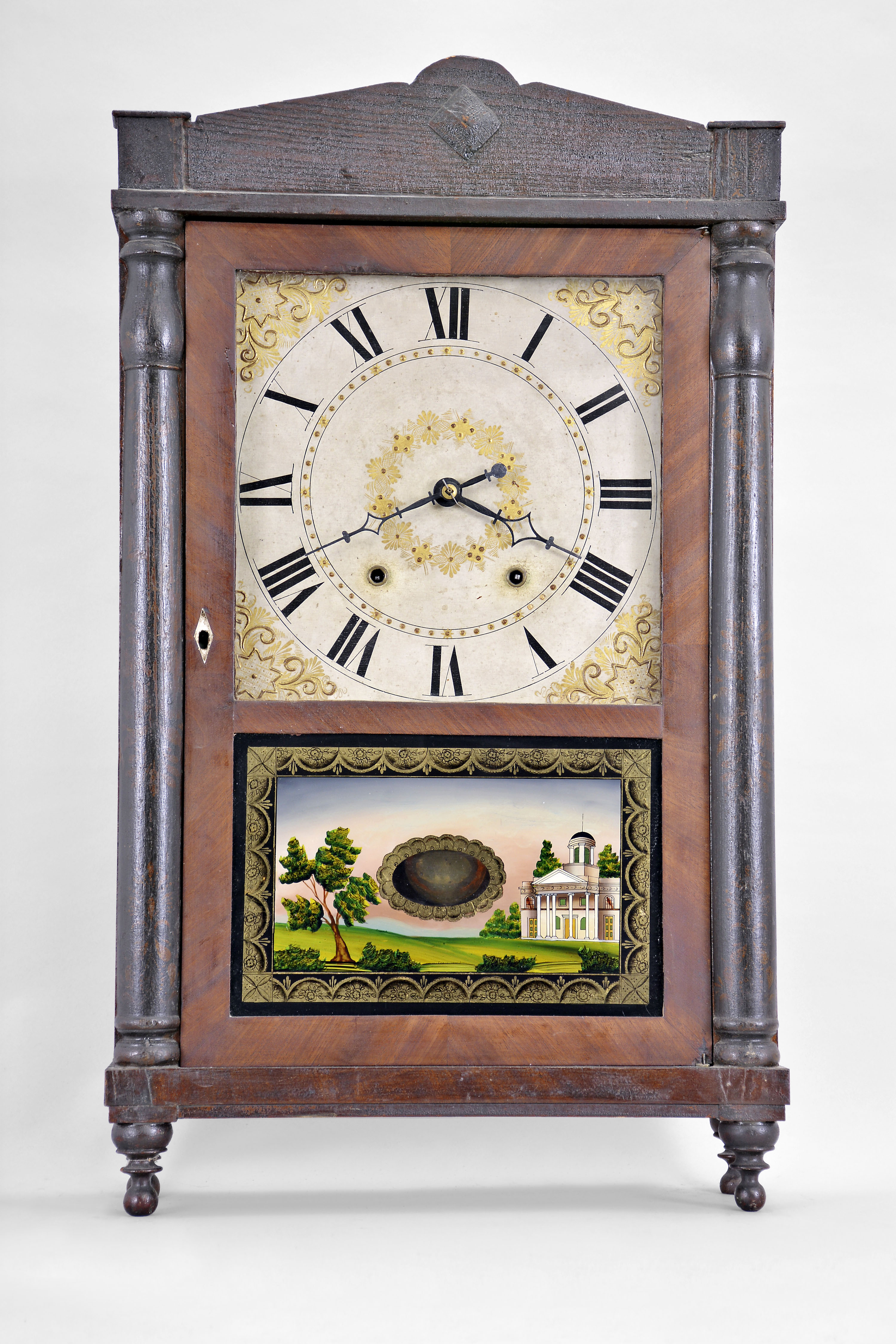 Chauncey Ives, Bristol, Conn., 30 hour, time and strike weight wood movement half column &amp; splat shelf clock. — Antique Clocks Price Guide