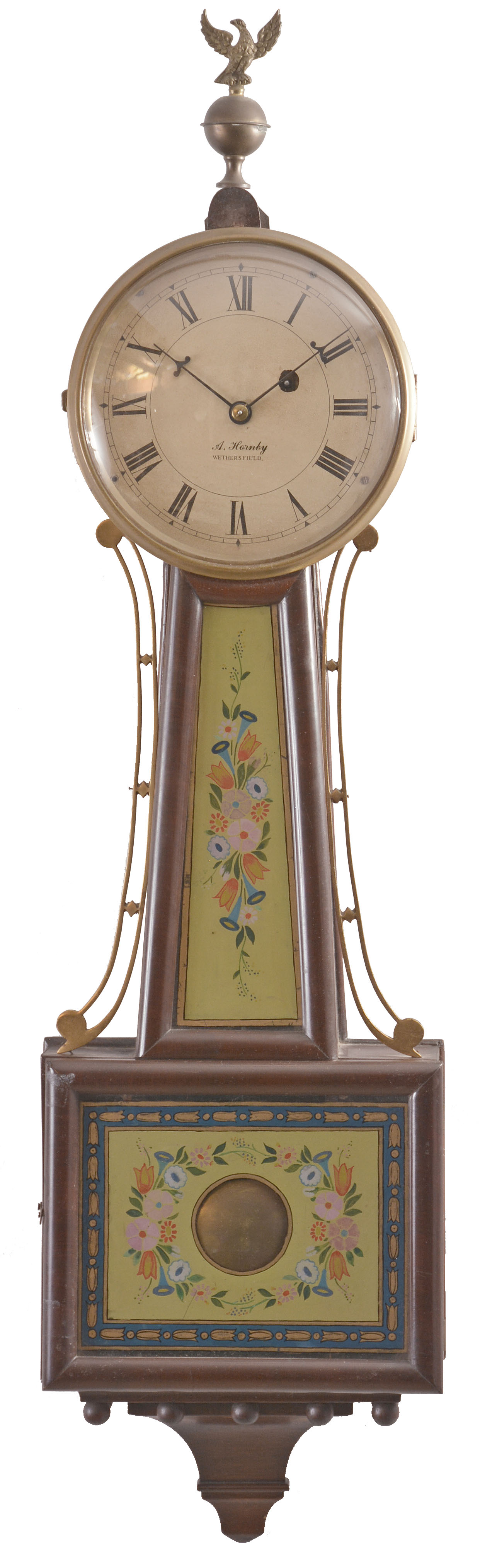 Clocks- 2 (Two): (1) Copy of an E. Howard style patent or banjo timepiece. c2000 (2) Unsigned, Massachusetts style 8 day, weight brass movement patent of banjo timepiece. c1900 — Antique Clocks Price Guide
