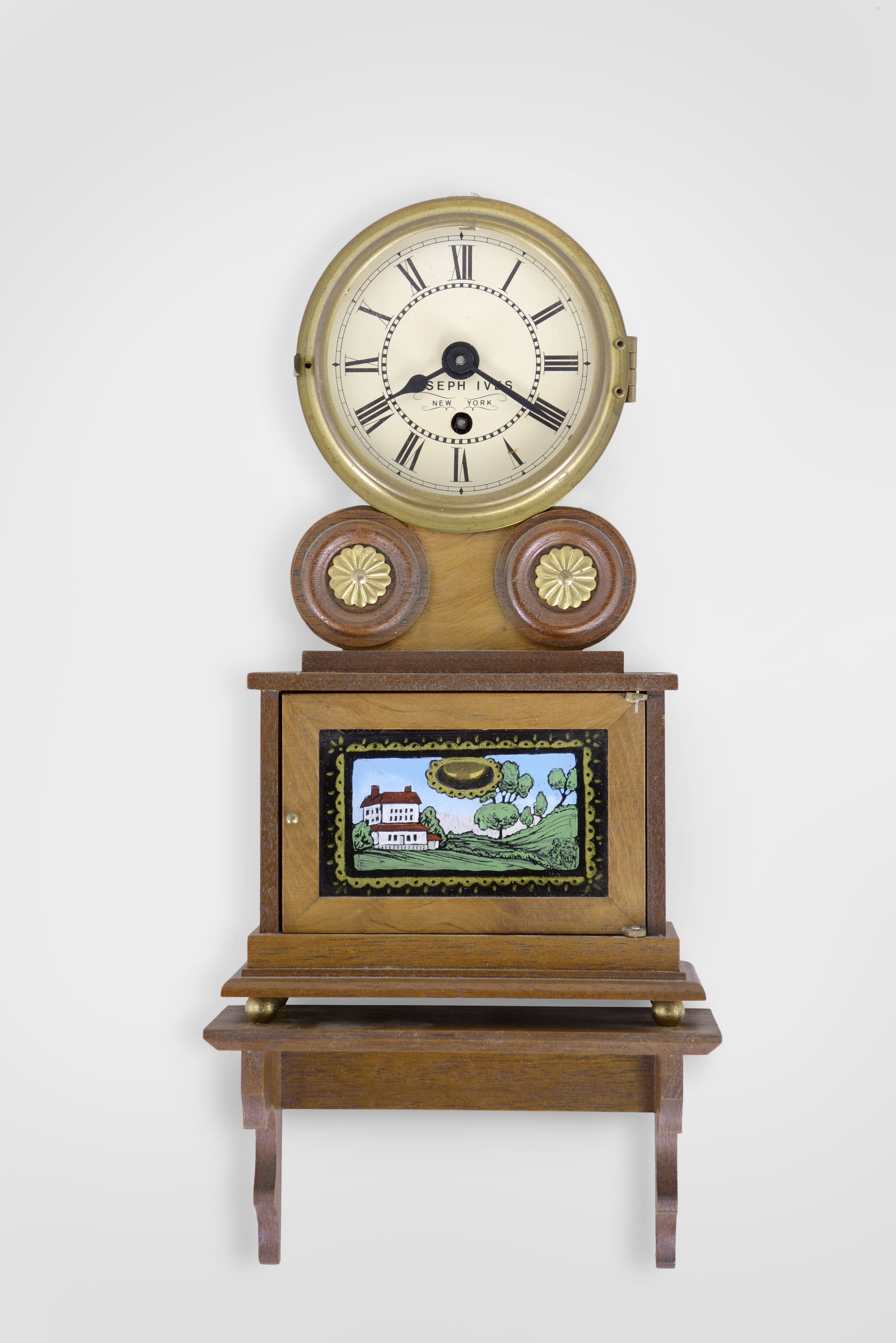 Michael Paul, Berea, Ohio, 30 hour, wagon spring brass movement miniature timepiece copy of a Joseph Ives Brooklyn model shelf clock with a shelf. This example is number 3 of 43. — Antique Clocks Price Guide