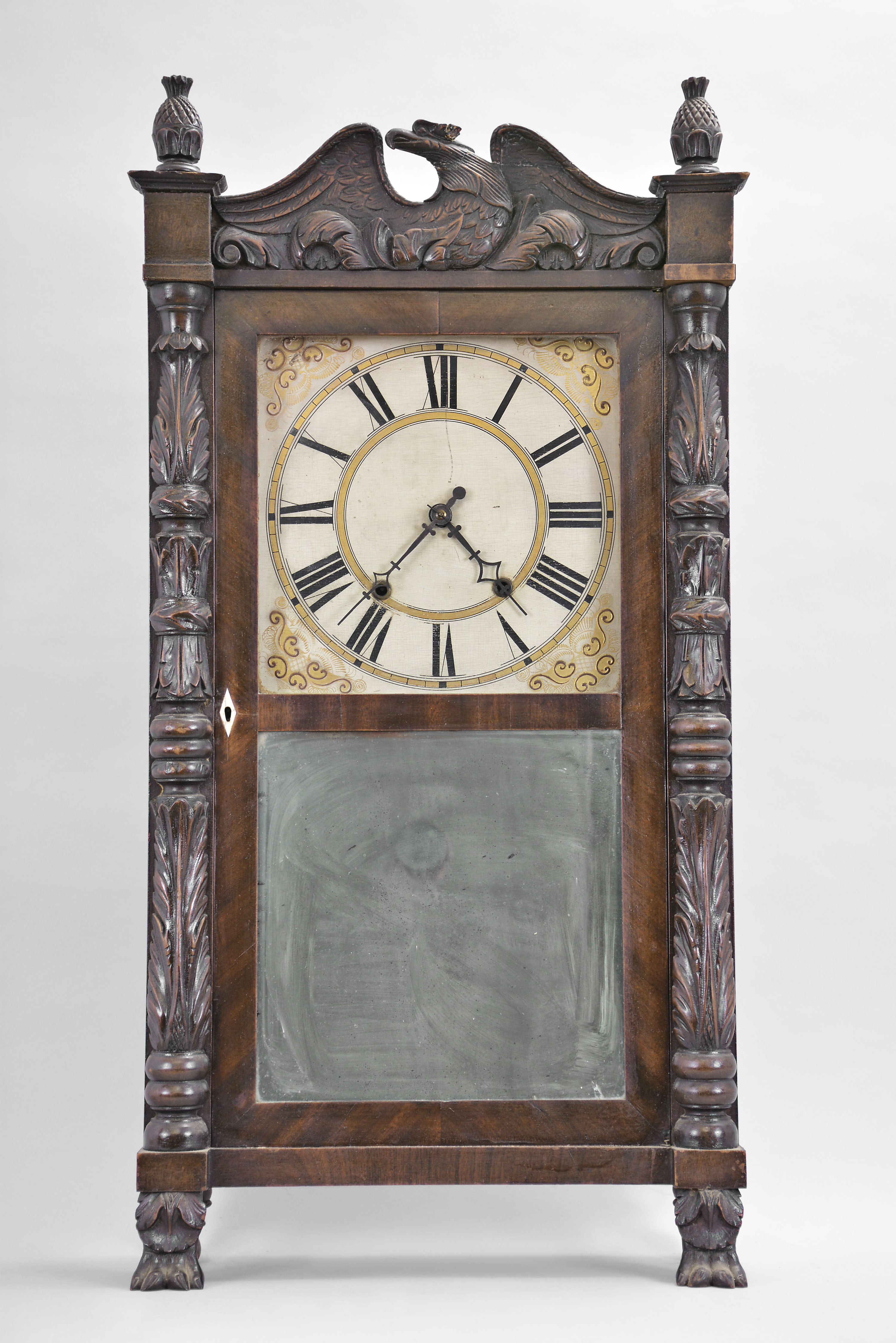Riley Whiting, Winchester, Conn., 30 hour, time and strike weight wood movement carved column and eagle splat shelf clock. — Antique Clocks Price Guide